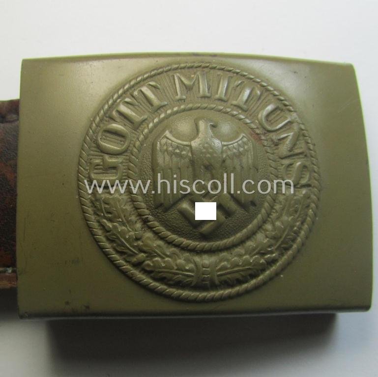 'Virtually mint', 'standard-issue'-pattern, WH (Heeres) field-grey-toned- and/or steel-based belt-buckle being a non-maker-marked example that comes mounted onto its 'B. Haarmann'-marked and/or '1941'-dated tab — image 4