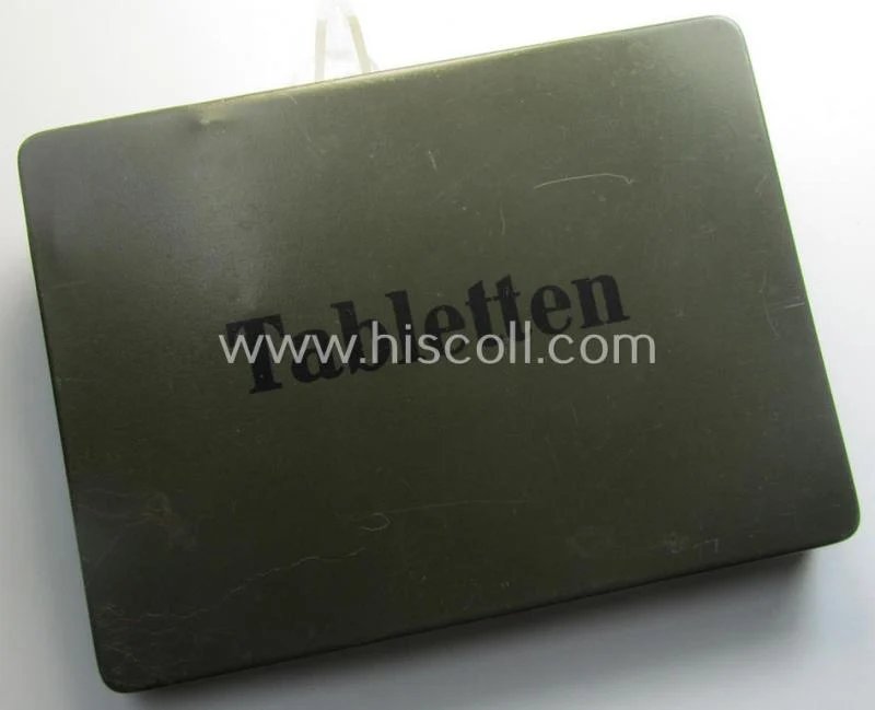 'Standard-issue'-type, (I deem) WH medical-related and/or field-grey-coloured box 'Buchse' (ie. container) being an undamaged example that shows the text: 'Tabletten' on its top — image 6