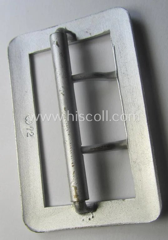 Interesting, WH (Heeres-, Luftwaffe ie. Waffen-SS etc.) bright-silver-coloured WH-officers'-type-belt-buckle (ie. 'Zweidornschnalle für Offiziere') being a simply never used- nor worn example that shows the makers'-designation: 'RzM 72' — image 5