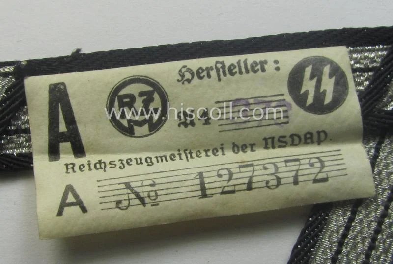 SS (ie. 'Allgemeine o. Waffen-SS') arm-insignia being an 'SS', so-called: 'Ehrenwinkel für Altgediente Kämpfer o. Angehörigen der SS' (or: honorary-chevron for old campaigners) still retaining its period 'RzM'-etiket — image 3