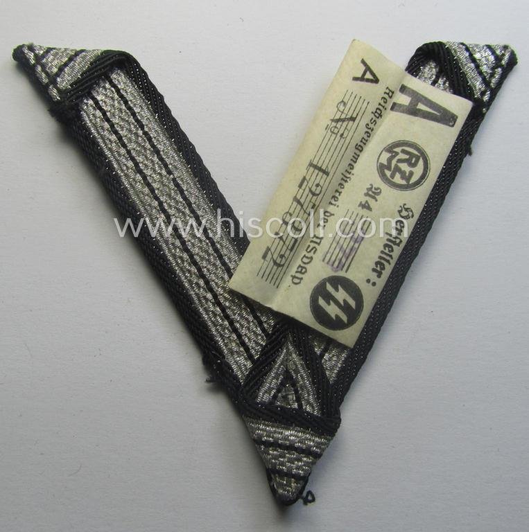 SS (ie. 'Allgemeine o. Waffen-SS') arm-insignia being an 'SS', so-called: 'Ehrenwinkel für Altgediente Kämpfer o. Angehörigen der SS' (or: honorary-chevron for old campaigners) still retaining its period 'RzM'-etiket — image 6