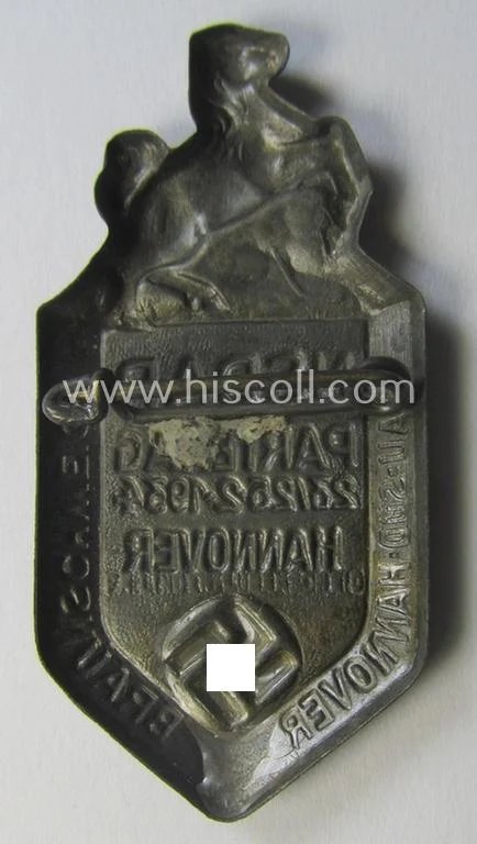 N.S.D.A.P.-related 'tinnie' (ie. 'Tagungs- o. Veranstaltungsabzeichen'-) being a maker- (ie. 'Fr. Linden'-) marked- and bronze-toned example showing the text: 'N.S.D.A.P.-Parteitag - 23/25-2-1934 - Hannover' — image 2