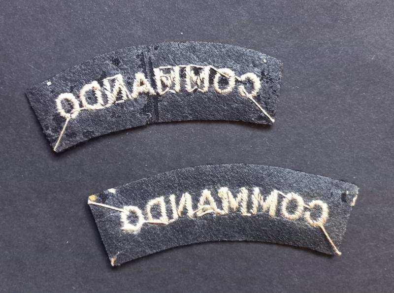 A neat example of a - full matching set - mid war period so called 'block type' lettering Commando white on black shoulder titles — image 2