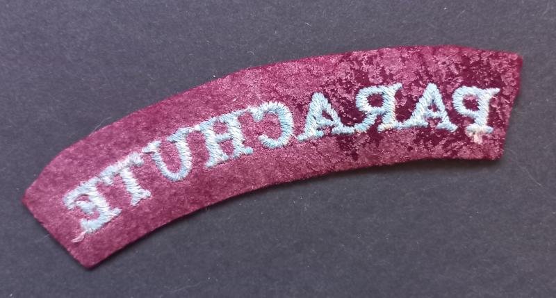 A superb - regrettably single - mid war period 'serif' type lettering Parachute shoulder title — image 2