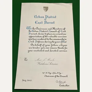 East Barnet Civil Defence certificate.