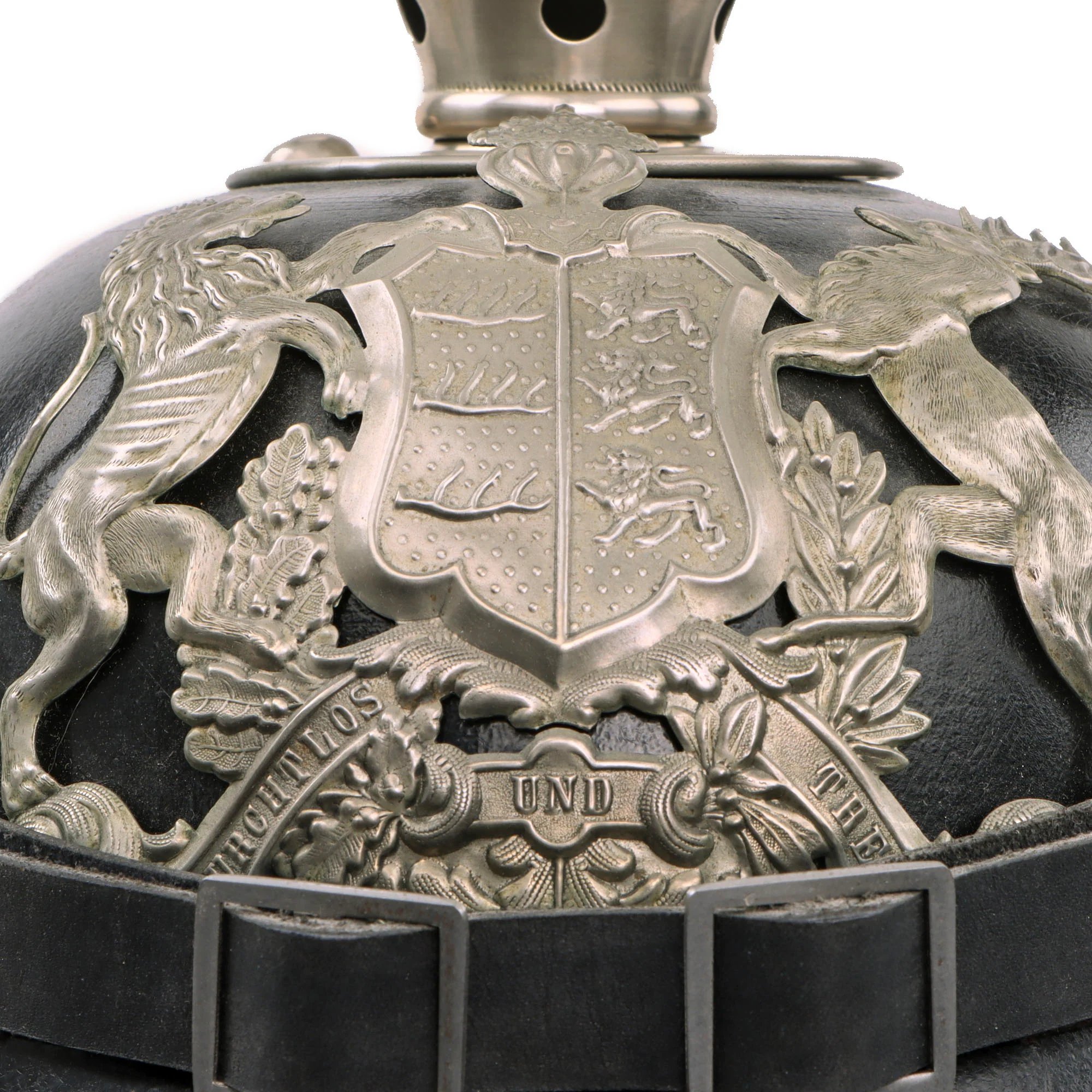 Original German WWI Kingdom of Württemberg M1891 Silver Pioneer EM/NCO Pickelhaube Spiked Helmet with Original Cockades - Size 54 — image 3