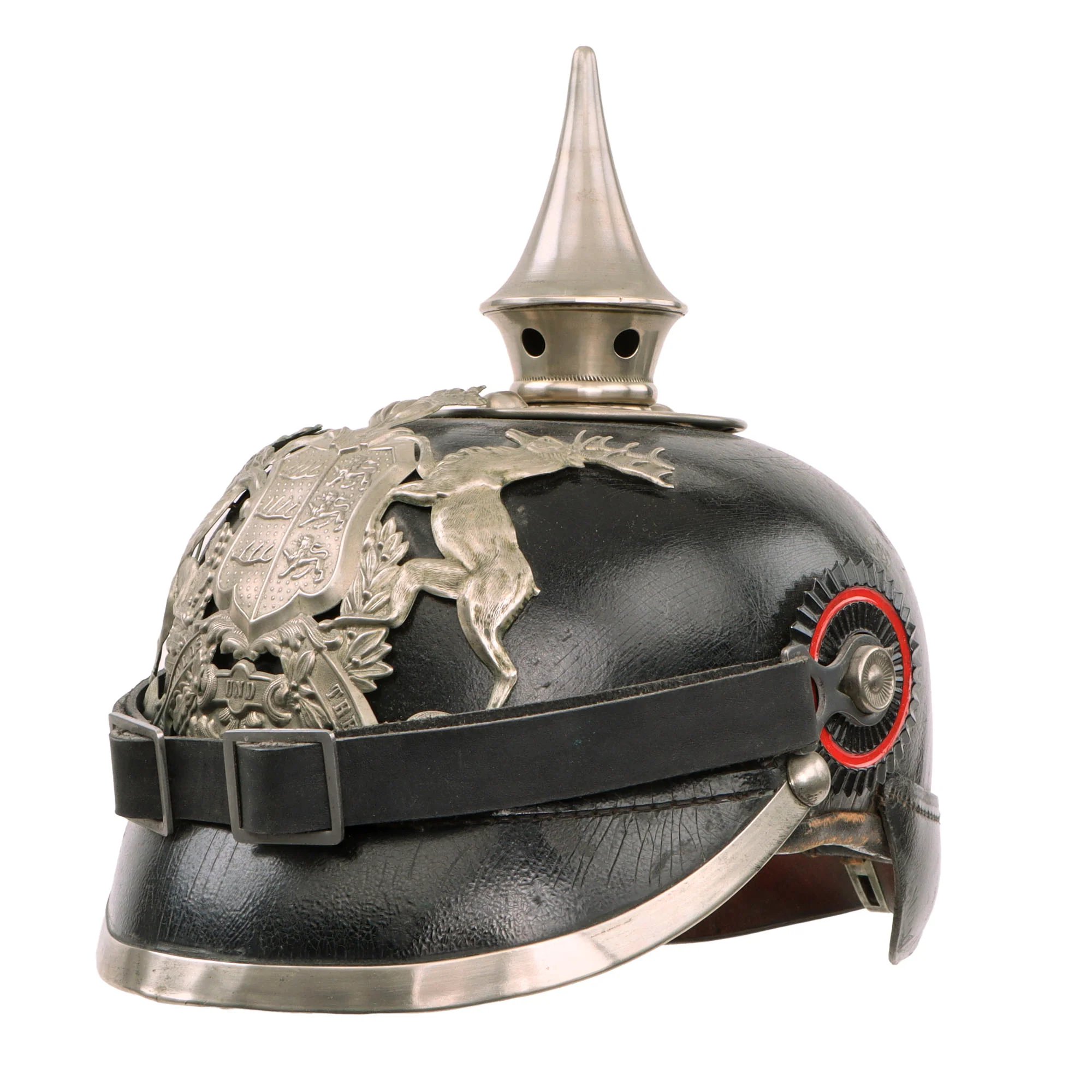 Original German WWI Kingdom of Württemberg M1891 Silver Pioneer EM/NCO Pickelhaube Spiked Helmet with Original Cockades - Size 54 — image 8