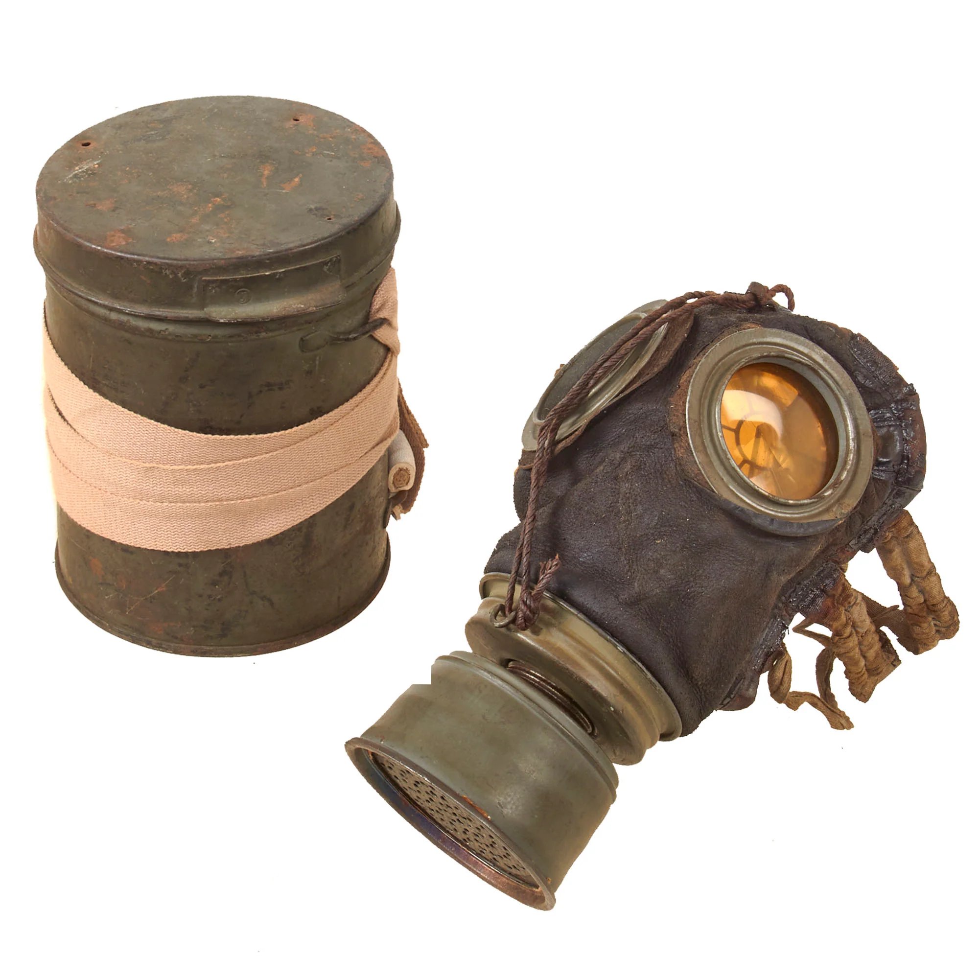 Original Imperial German WWI M1917 Ledermaske Gas Mask in Gummimaske Canister with Replica Carrying Strap — image 2
