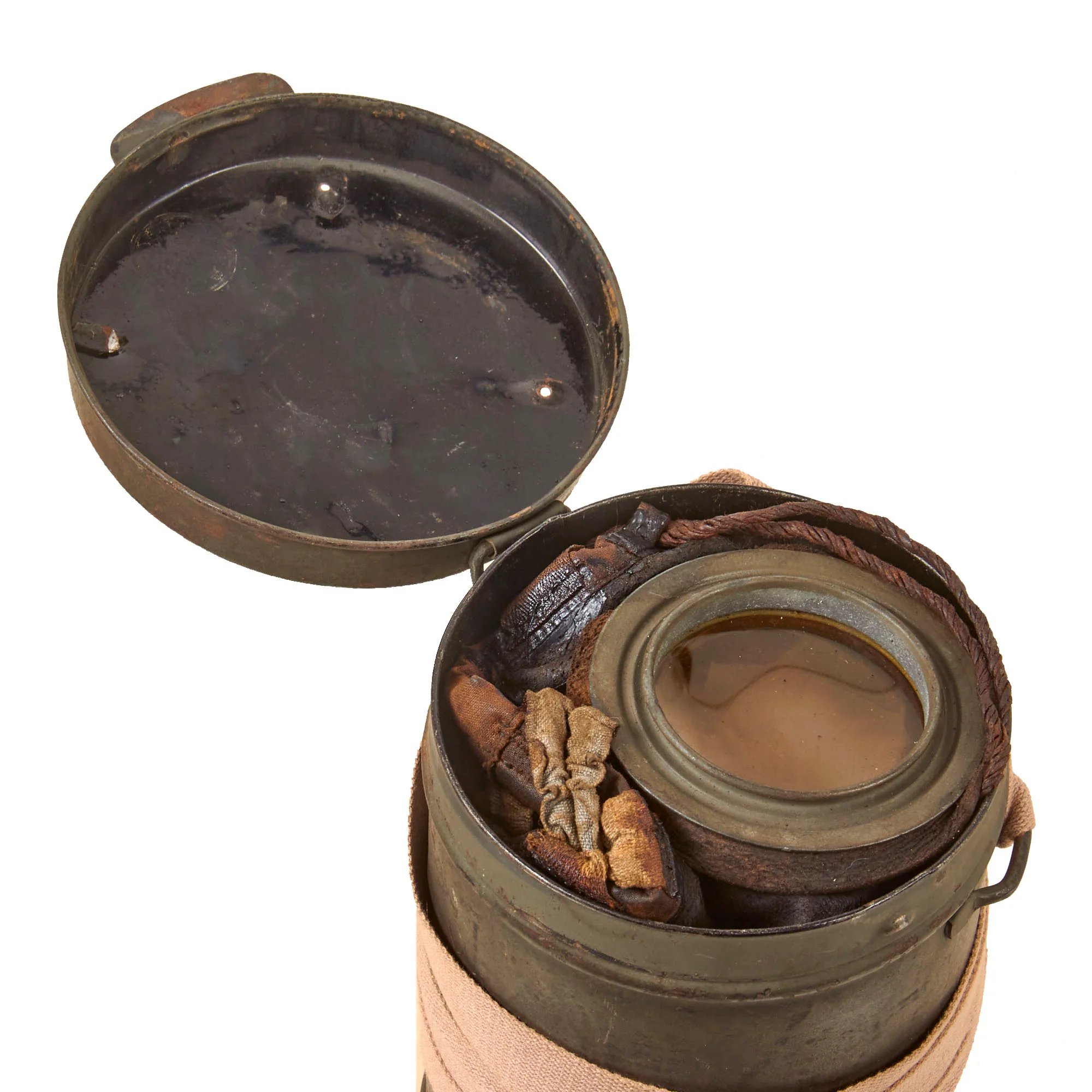 Original Imperial German WWI M1917 Ledermaske Gas Mask in Gummimaske Canister with Replica Carrying Strap — image 6