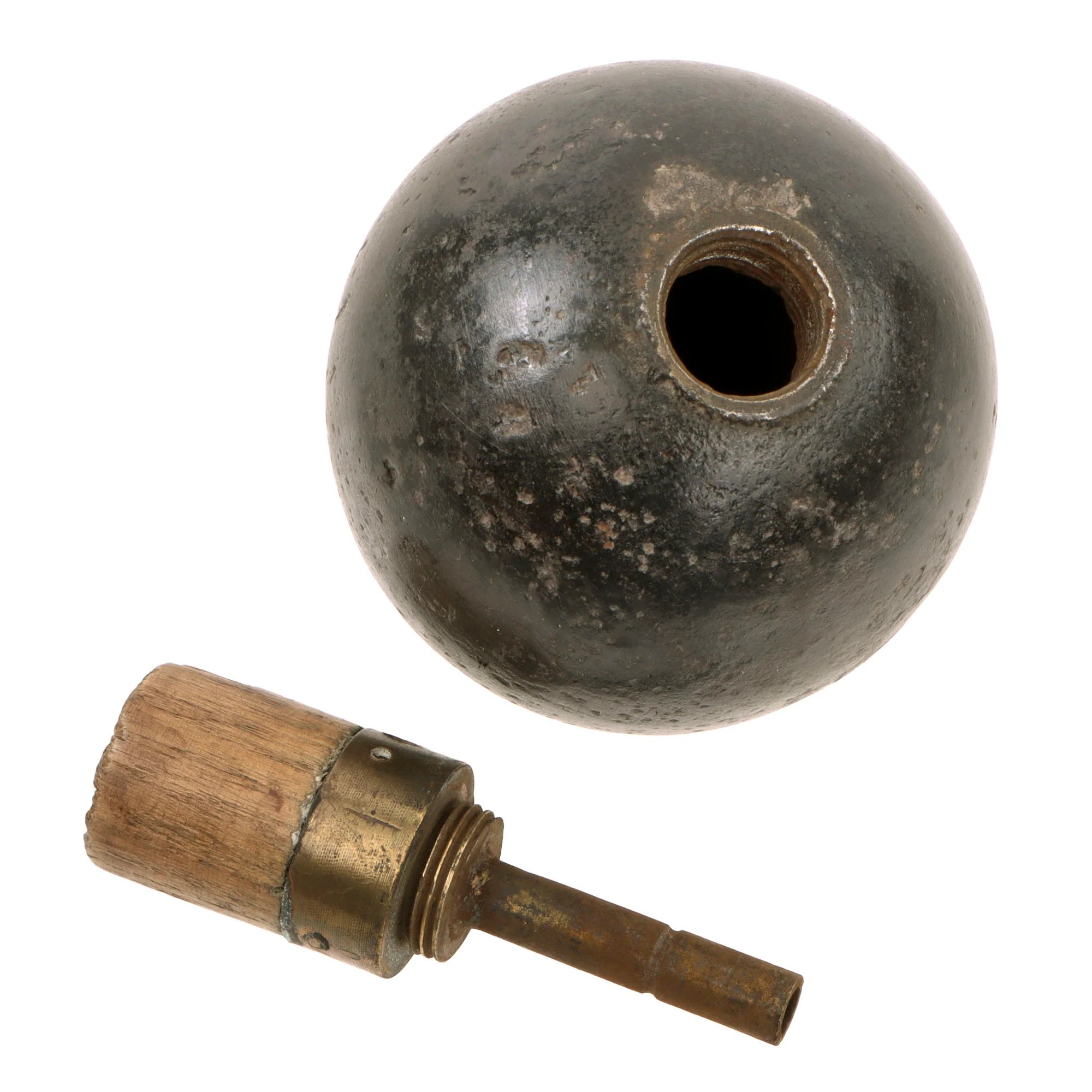 Original French WWI Model 1914 Bracelet Ball Hand Grenade with Fuse & Pull Ring Housing - Inert — image 2