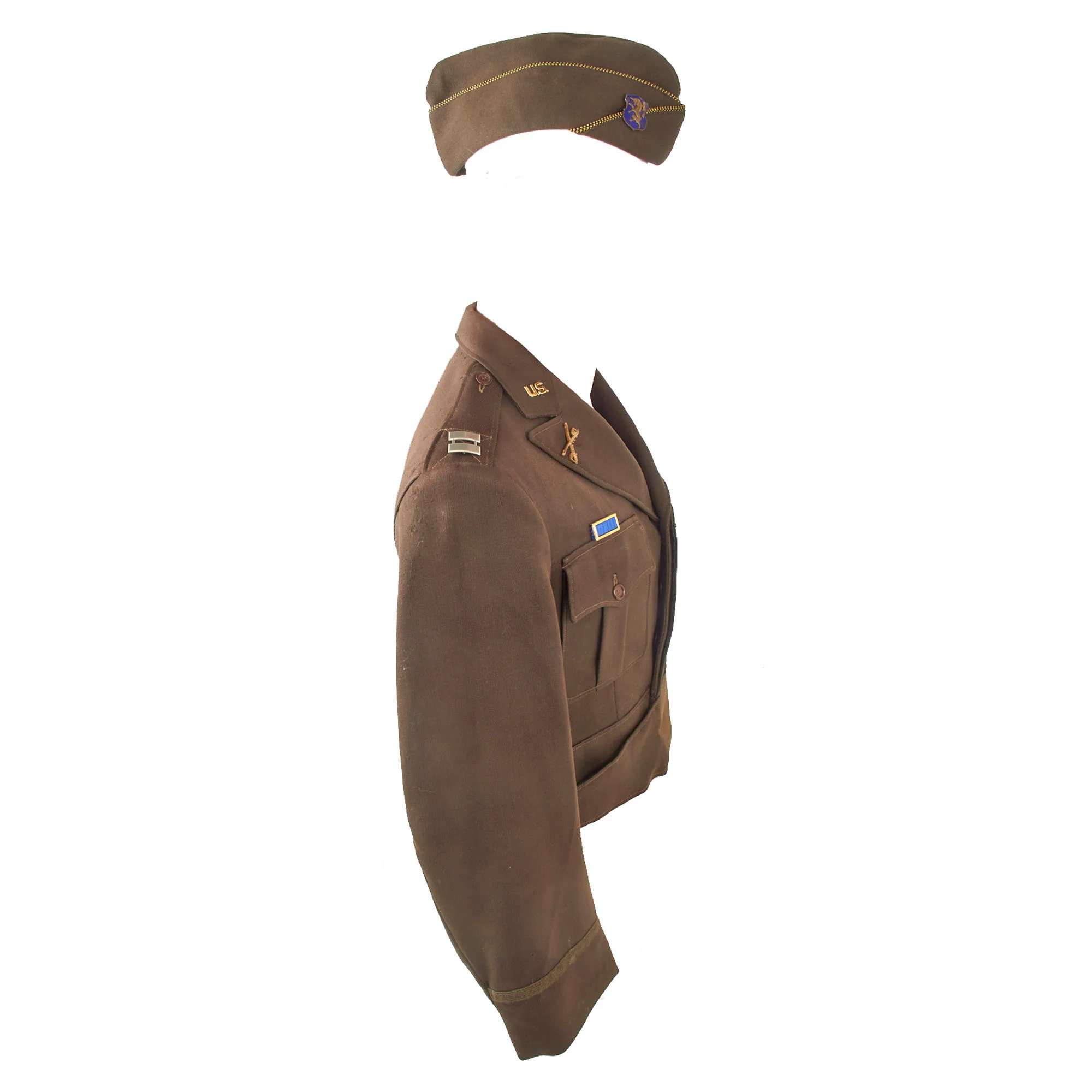 Original U.S. WWII 'Fighting 6th' 6th Mechanized Cavalry Group Captain's Custom Uniform Jacket with Bullion Patch and Piped Officer's Garrison Cap with Enameled DI — image 18