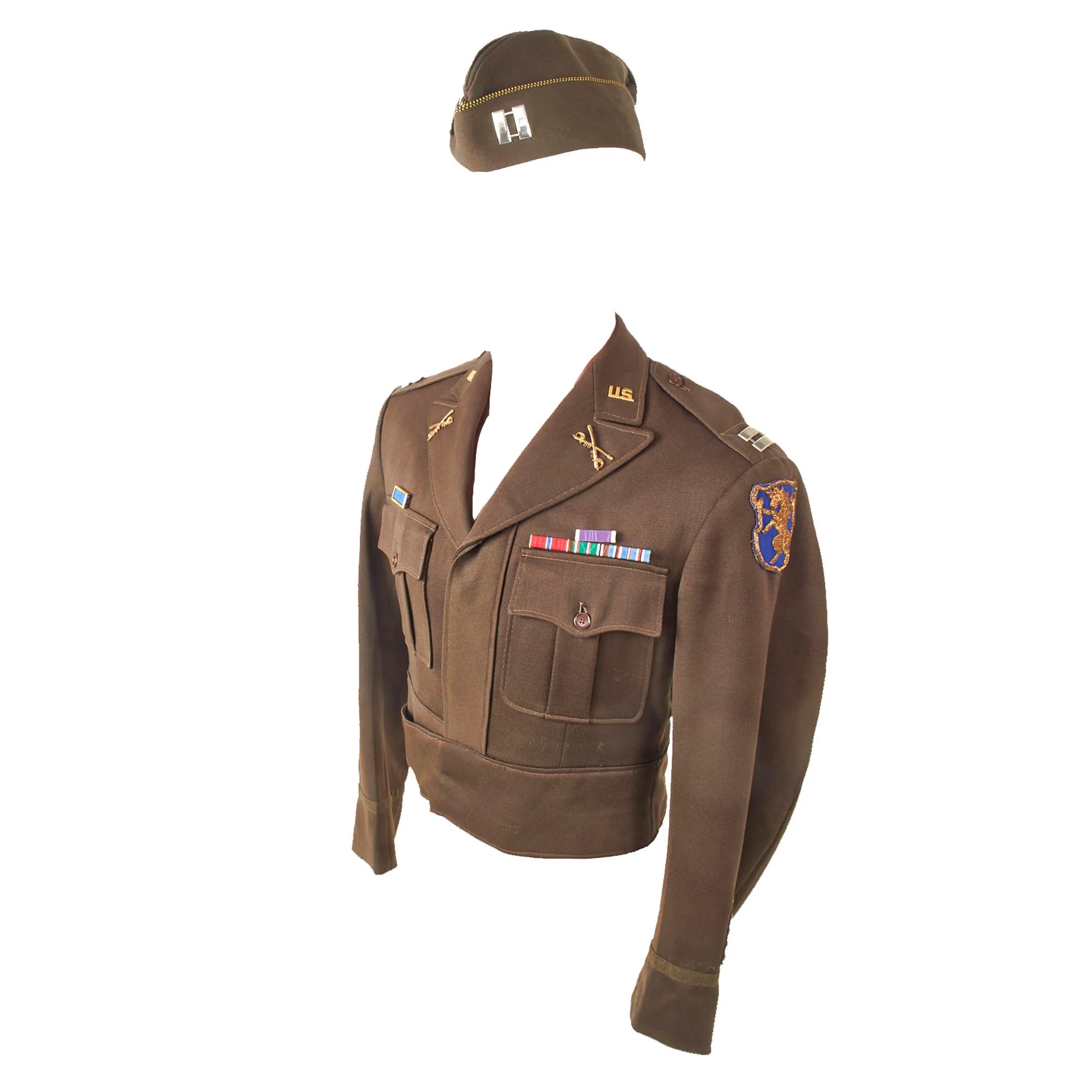 Original U.S. WWII 'Fighting 6th' 6th Mechanized Cavalry Group Captain's Custom Uniform Jacket with Bullion Patch and Piped Officer's Garrison Cap with Enameled DI — image 2