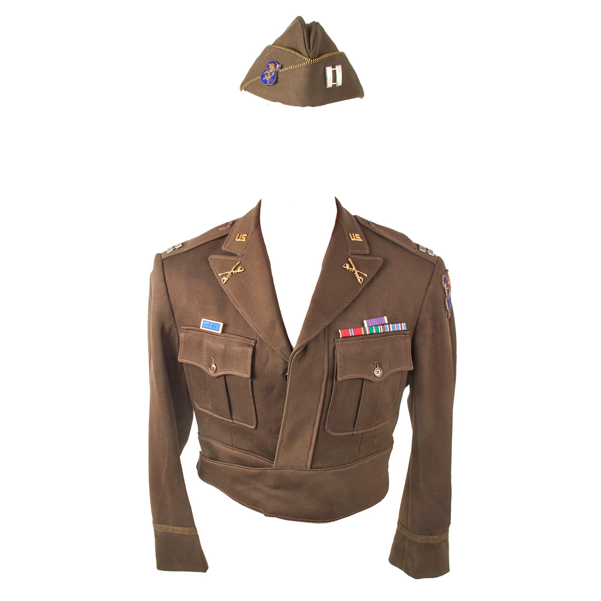 Original U.S. WWII 'Fighting 6th' 6th Mechanized Cavalry Group Captain's Custom Uniform Jacket with Bullion Patch and Piped Officer's Garrison Cap with Enameled DI — image 20