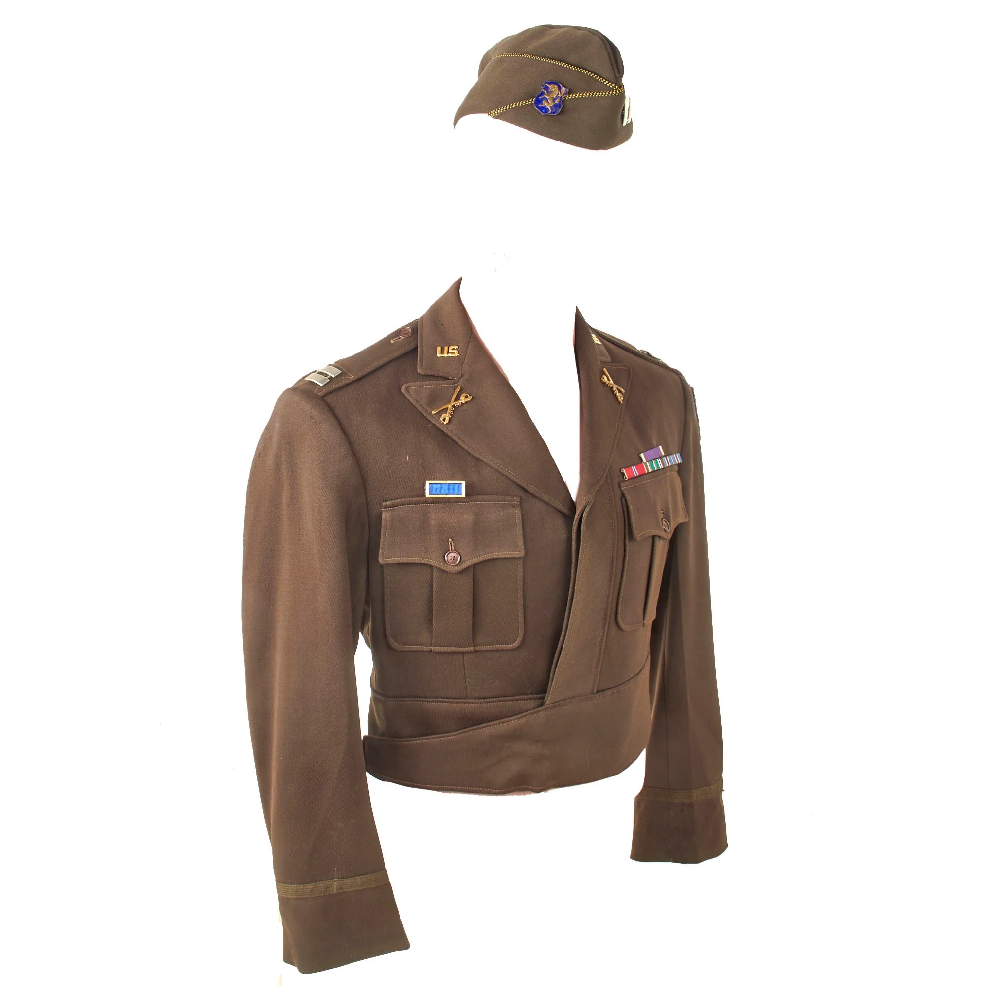 Original U.S. WWII 'Fighting 6th' 6th Mechanized Cavalry Group Captain's Custom Uniform Jacket with Bullion Patch and Piped Officer's Garrison Cap with Enameled DI — image 3