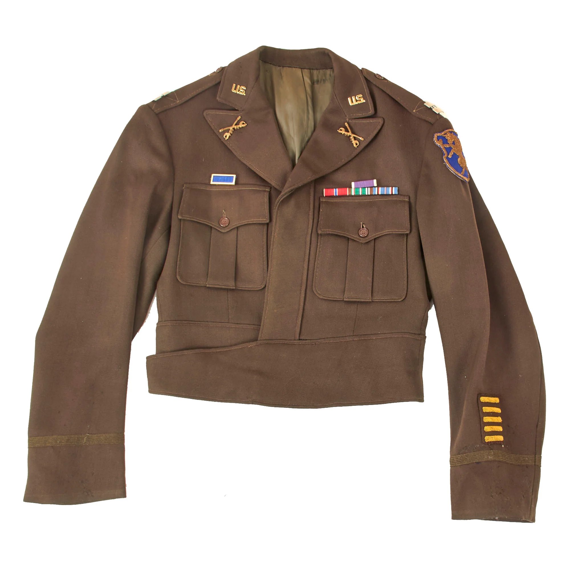 Original U.S. WWII 'Fighting 6th' 6th Mechanized Cavalry Group Captain's Custom Uniform Jacket with Bullion Patch and Piped Officer's Garrison Cap with Enameled DI — image 9