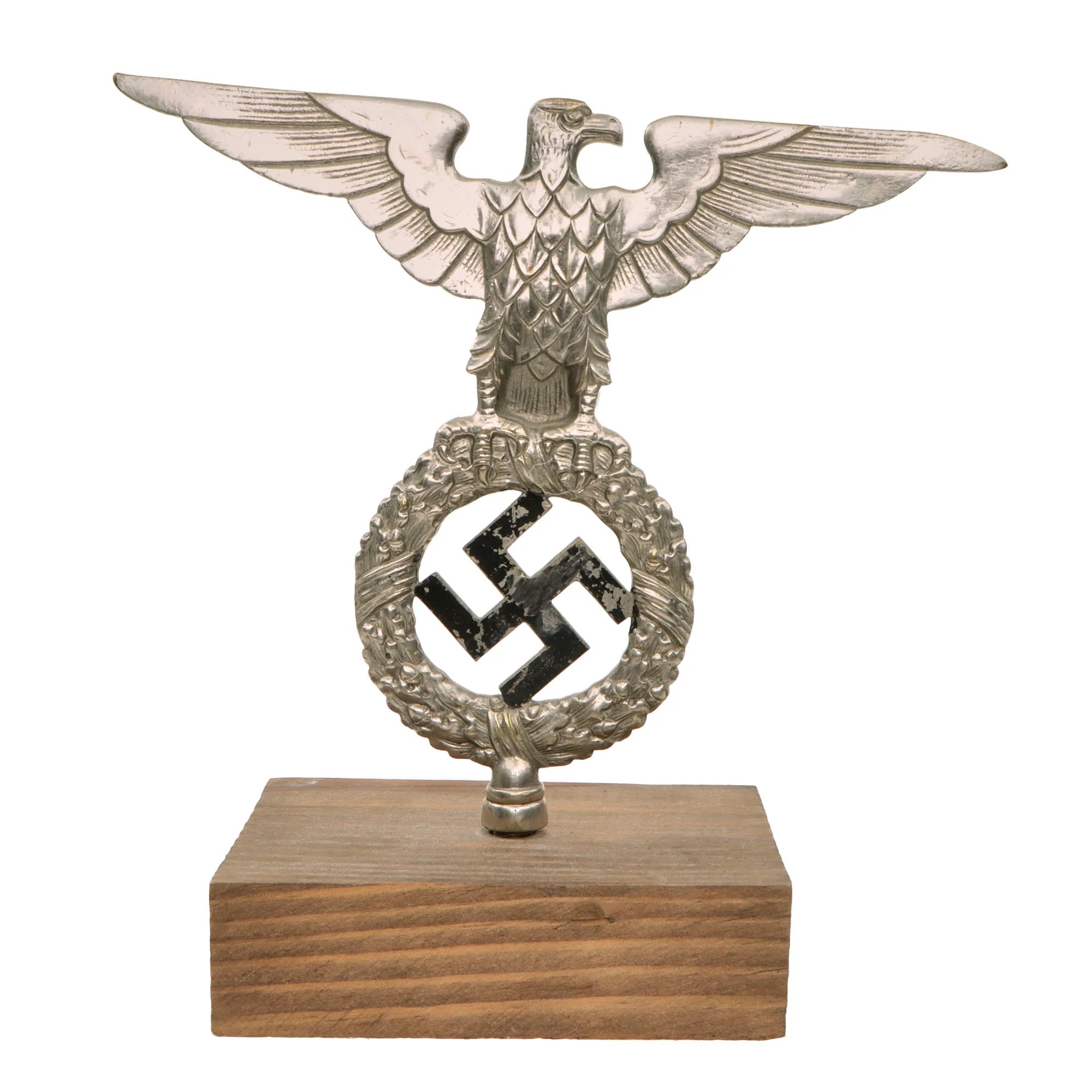 Original German WWII NSDAP National Socialist Party First Pattern Flag Pole Finial 'Topper' with Wood Stand - Plated Brass — image 2