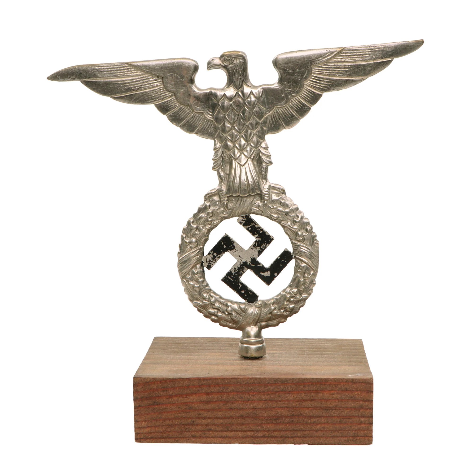 Original German WWII NSDAP National Socialist Party First Pattern Flag Pole Finial 'Topper' with Wood Stand - Plated Brass — image 4