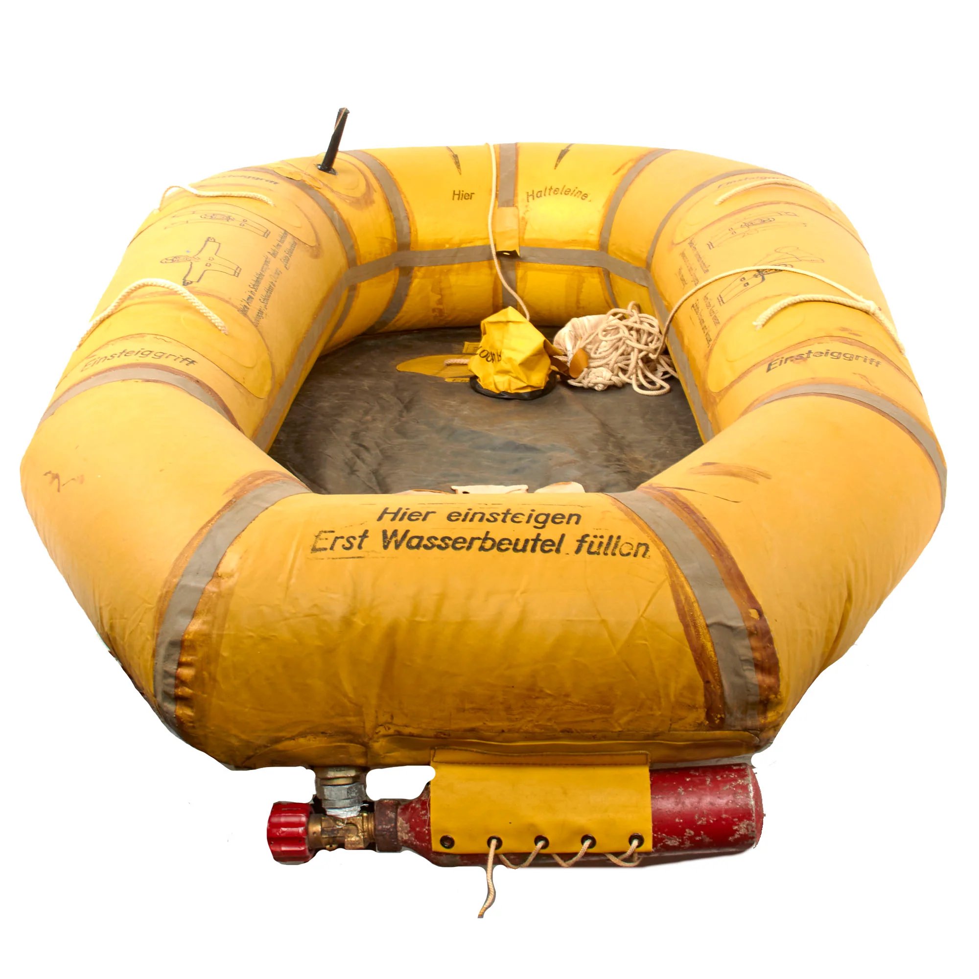 Original German WWII Unissued Luftwaffe Einmannshlauchboot Rubber Survival Dinghy Single Person Inflatable Boat by Klepper-Werke of Rosenheim with Collapsible Oar, Emergency Petrol & Water Canteens and Other Accessories — image 12