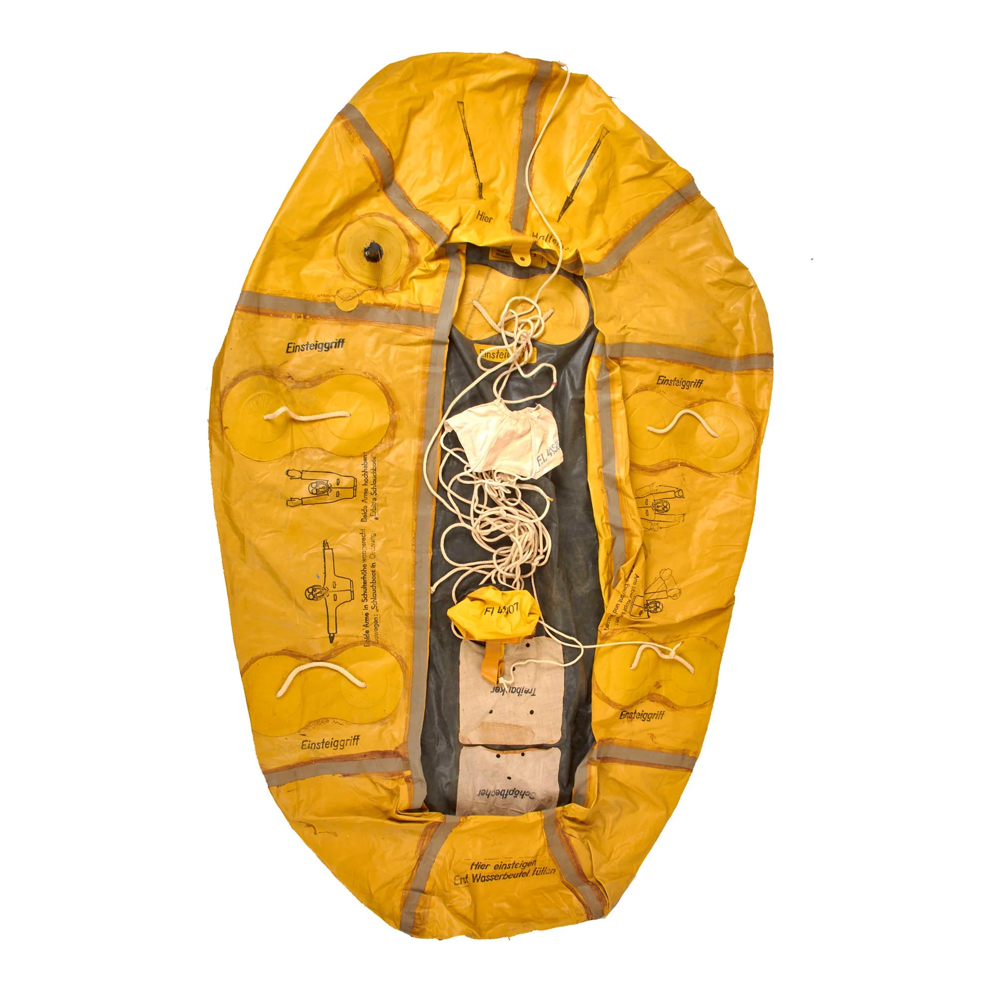 Original German WWII Unissued Luftwaffe Einmannshlauchboot Rubber Survival Dinghy Single Person Inflatable Boat by Klepper-Werke of Rosenheim with Collapsible Oar, Emergency Petrol & Water Canteens and Other Accessories — image 13