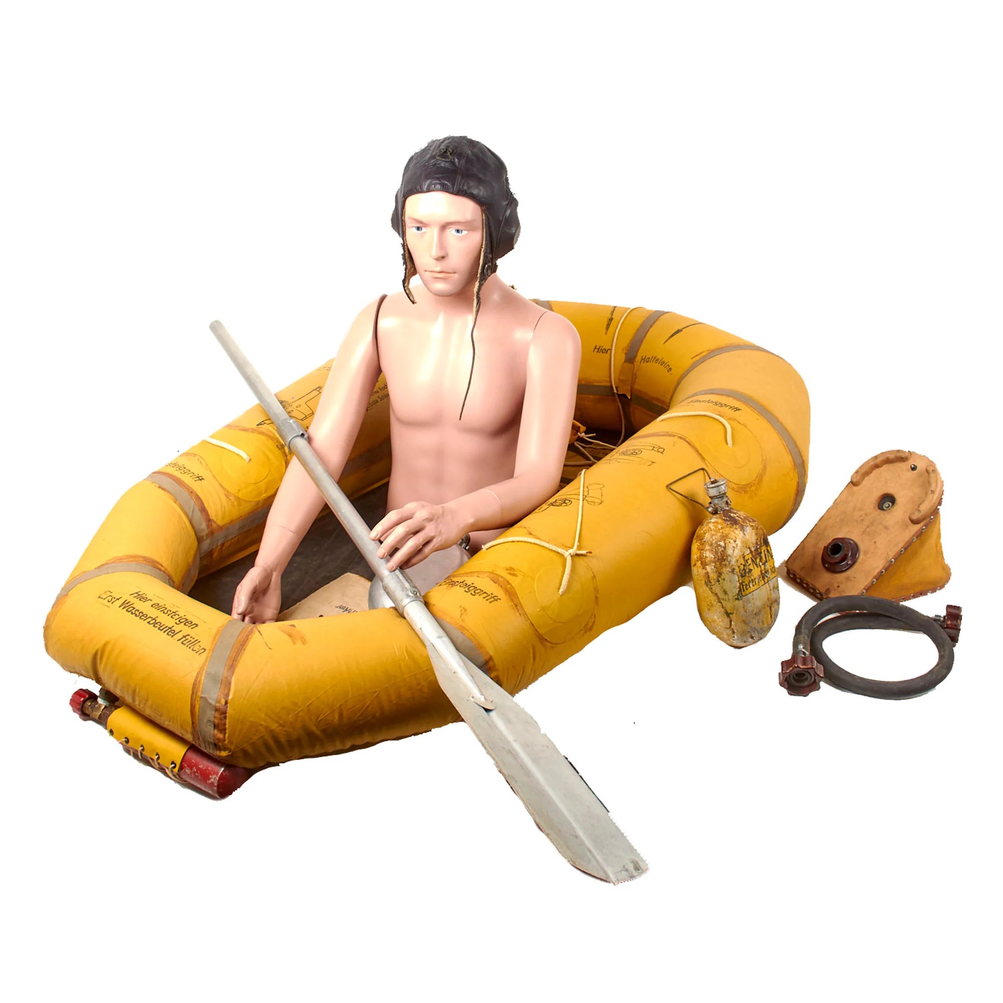 Original German WWII Unissued Luftwaffe Einmannshlauchboot Rubber Survival Dinghy Single Person Inflatable Boat by Klepper-Werke of Rosenheim with Collapsible Oar, Emergency Petrol & Water Canteens and Other Accessories — image 2