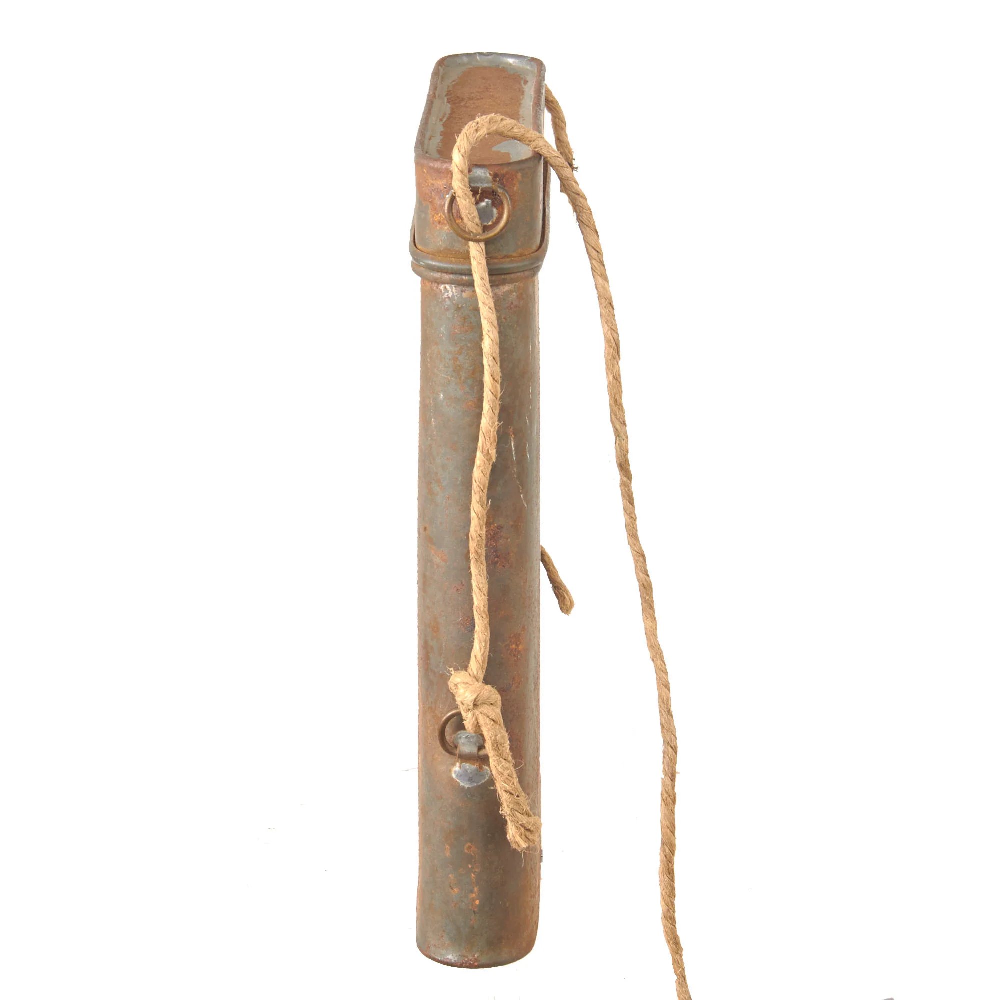 Original French WWI Early War Thin M2 Gas Mask Storage Tin with Original Carry Rope — image 2