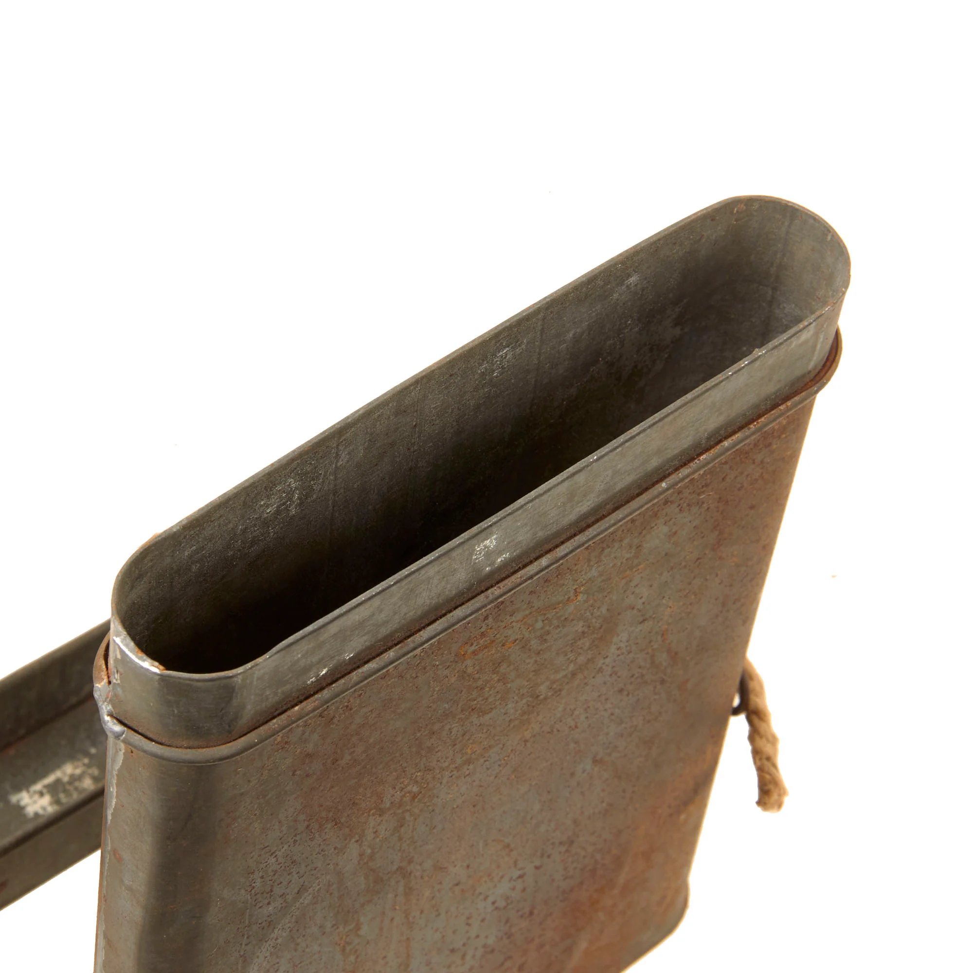 Original French WWI Early War Thin M2 Gas Mask Storage Tin with Original Carry Rope — image 5