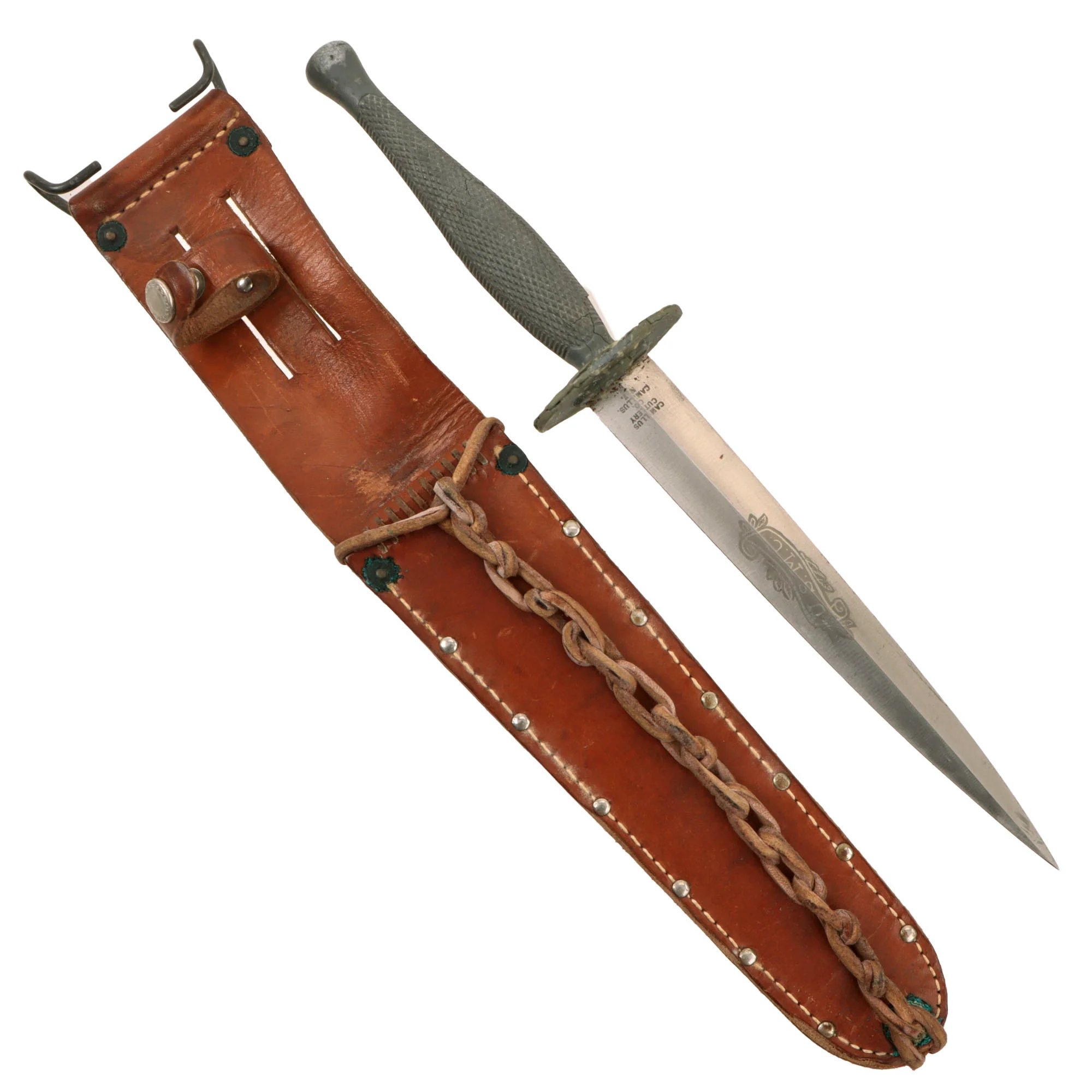 Original U.S. WWII USMC Marine Raider Stiletto Dagger by Camillus with M6 Sheath & Braided Chain Thong — image 2