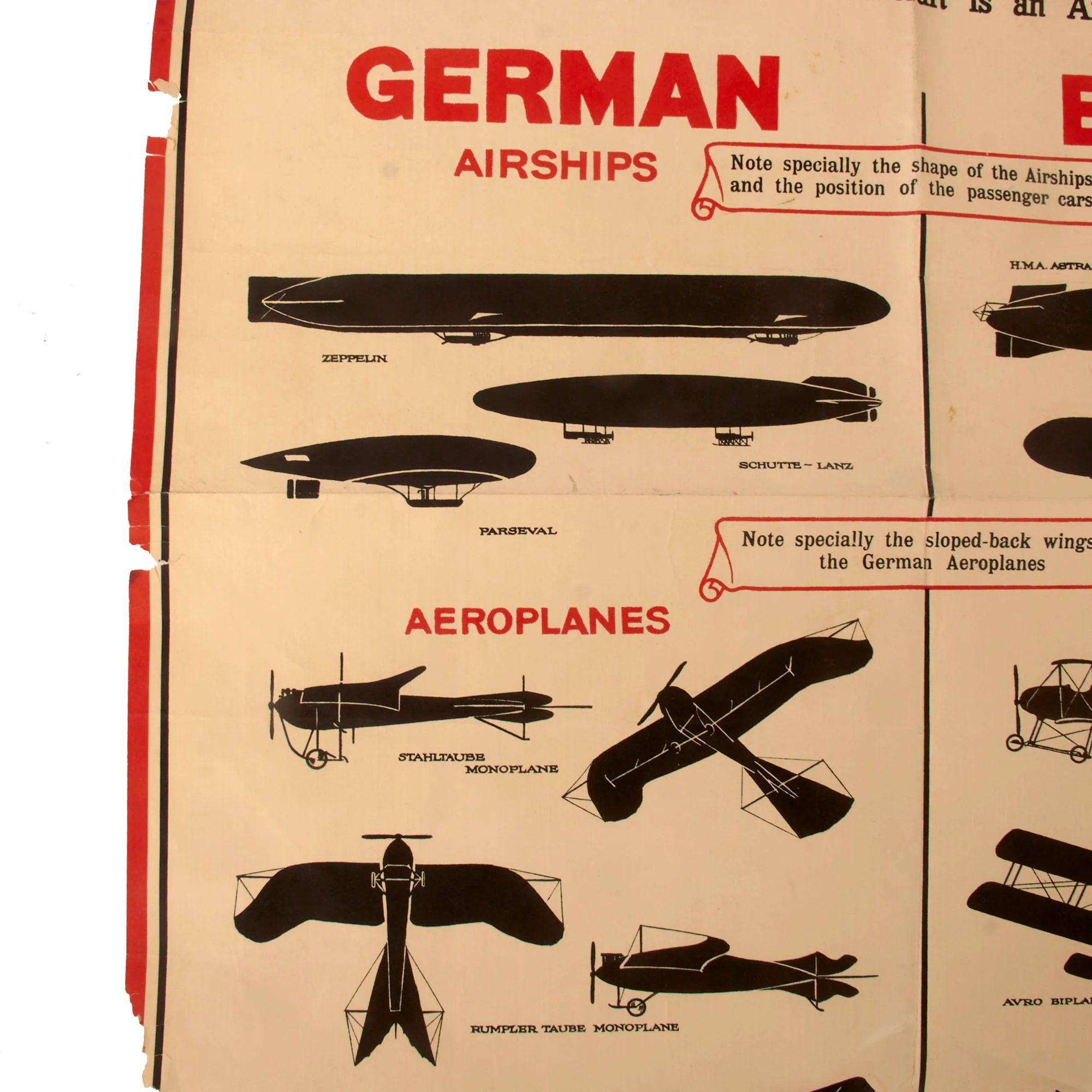 Original British WWI Public Warning Airships Identification Poster - Damaged - 19 ½ x 29 ½' — image 2