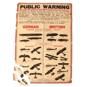 Original British WWI Public Warning Airships Identification Poster - Damaged …