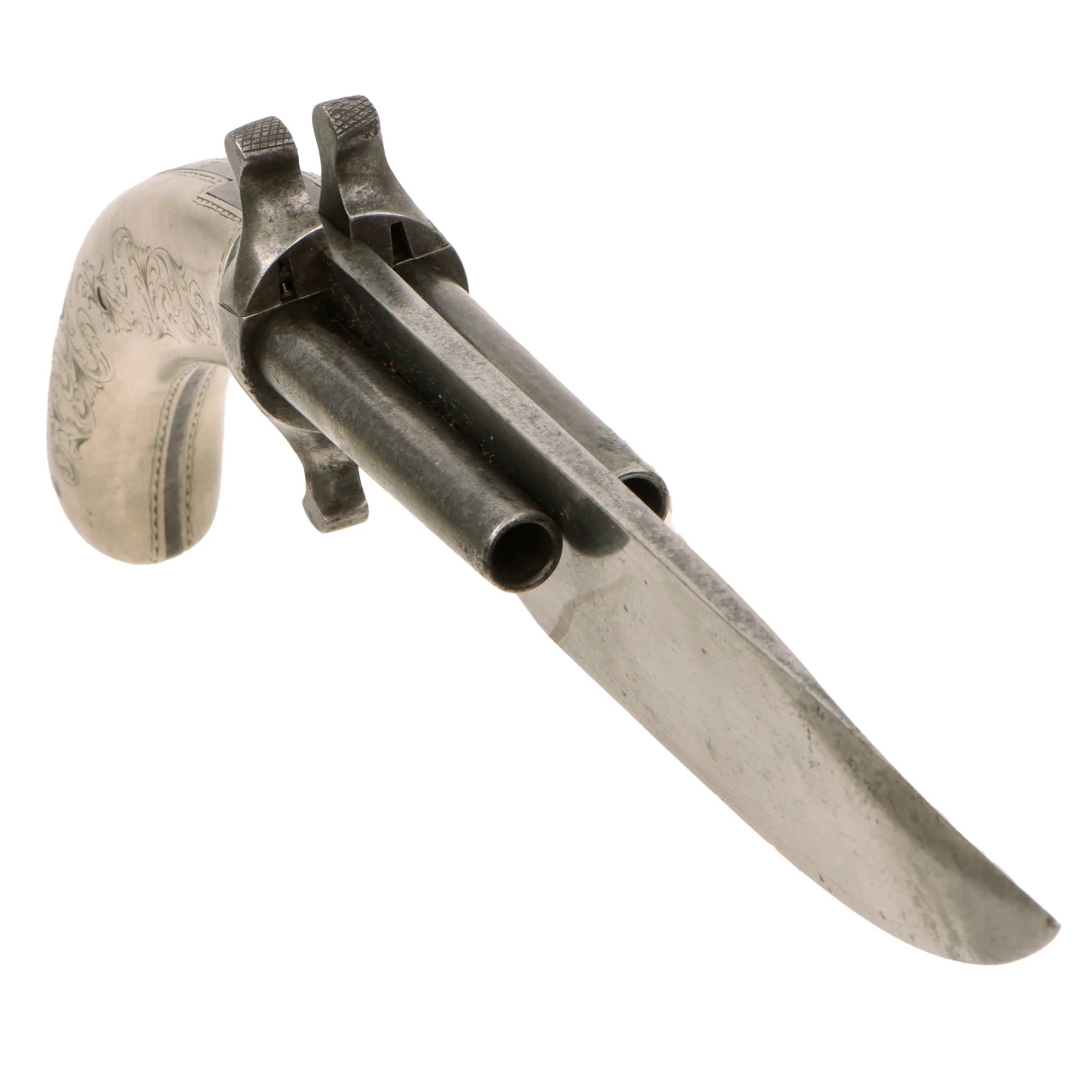 Original 19th Century French Dumouthier Style Double Barrel Percussion 'Bowie' Knife Pistol with Engraved German Silver Grip - Circa 1850 — image 2