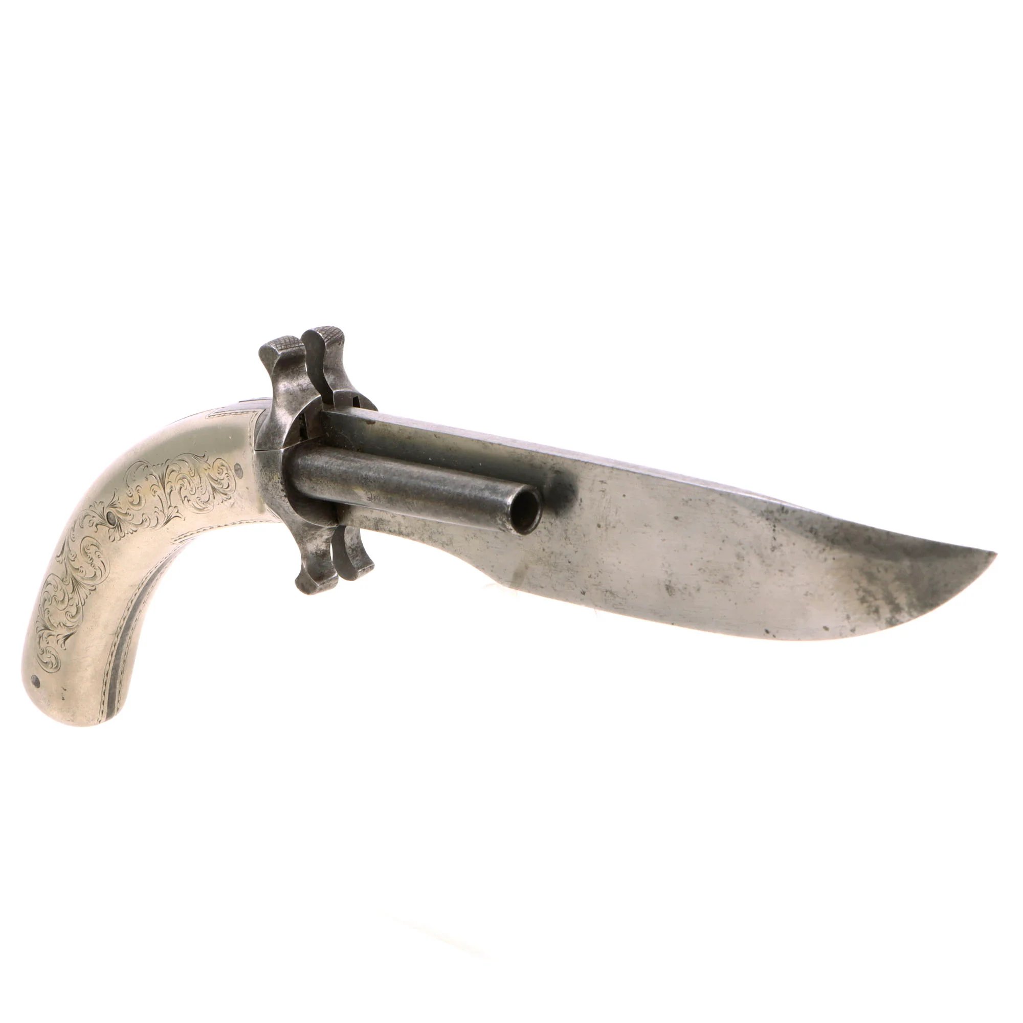 Original 19th Century French Dumouthier Style Double Barrel Percussion 'Bowie' Knife Pistol with Engraved German Silver Grip - Circa 1850 — image 3