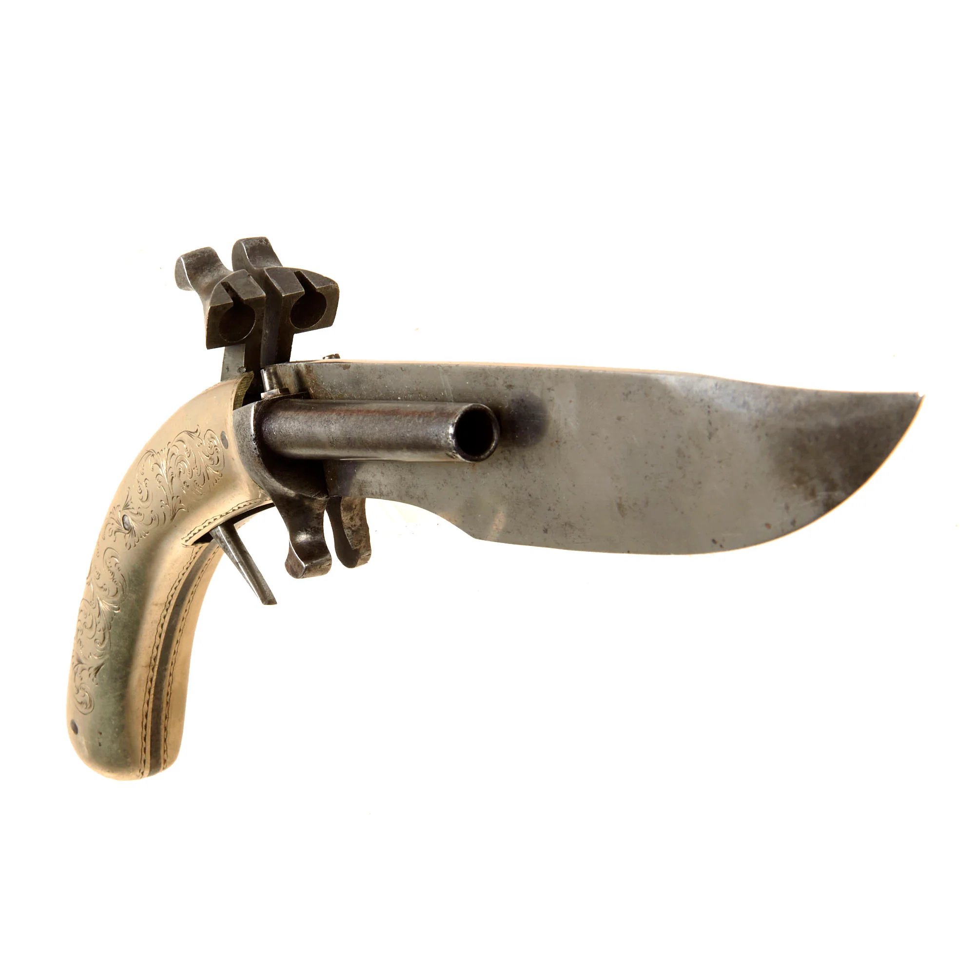 Original 19th Century French Dumouthier Style Double Barrel Percussion 'Bowie' Knife Pistol with Engraved German Silver Grip - Circa 1850 — image 4
