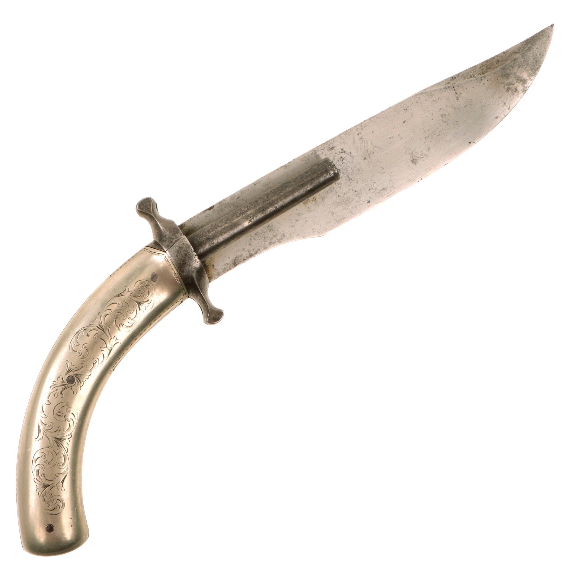Original 19th Century French Dumouthier Style Double Barrel Percussion 'Bowie' Knife Pistol with Engraved German Silver Grip - Circa 1850 — image 5