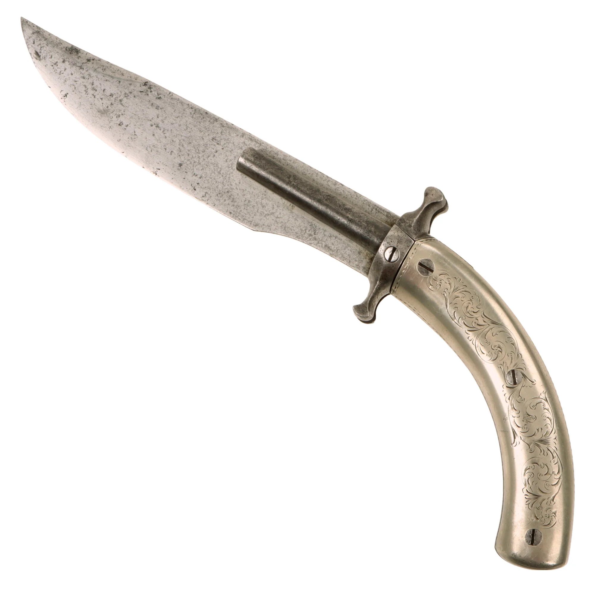 Original 19th Century French Dumouthier Style Double Barrel Percussion 'Bowie' Knife Pistol with Engraved German Silver Grip - Circa 1850 — image 6