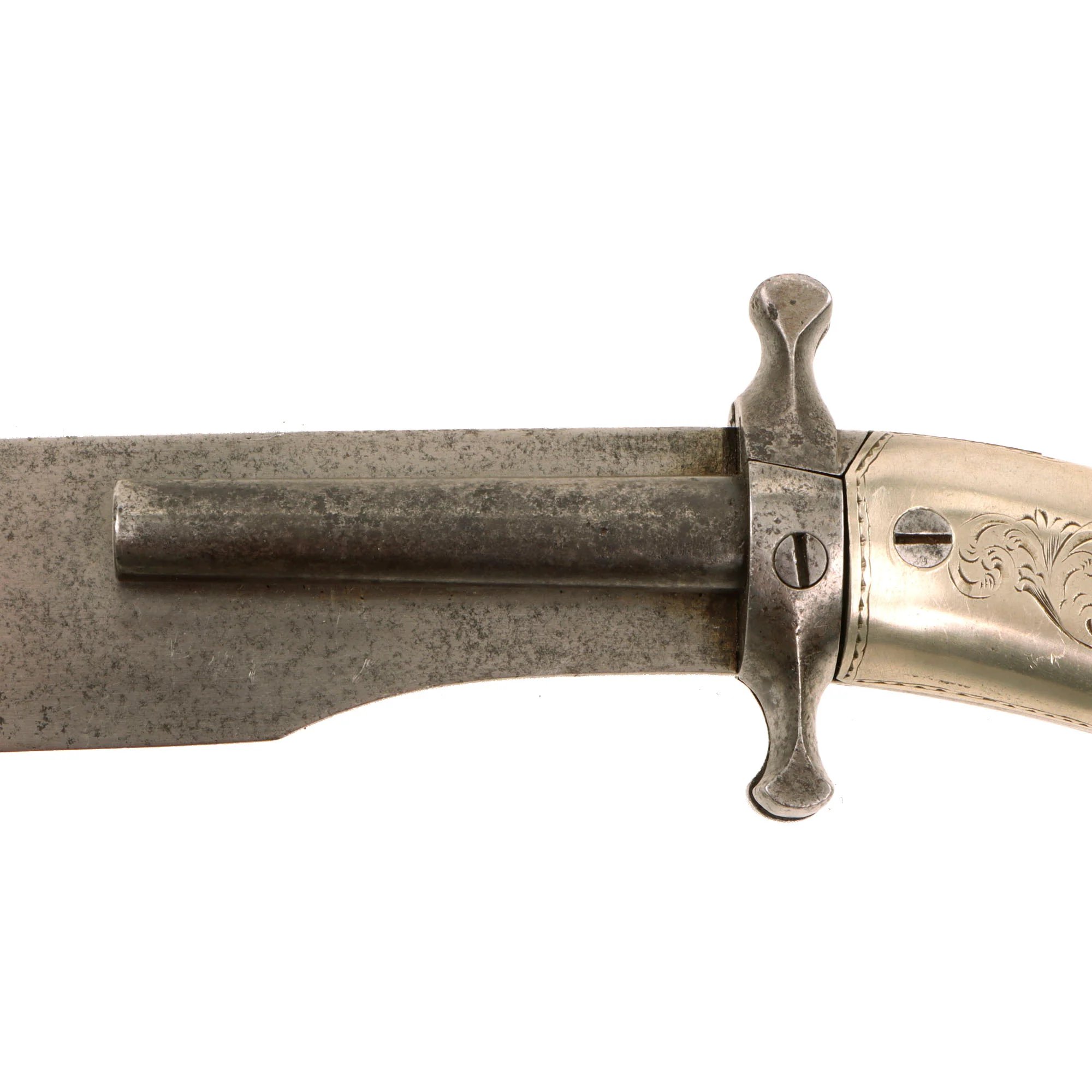 Original 19th Century French Dumouthier Style Double Barrel Percussion 'Bowie' Knife Pistol with Engraved German Silver Grip - Circa 1850 — image 8