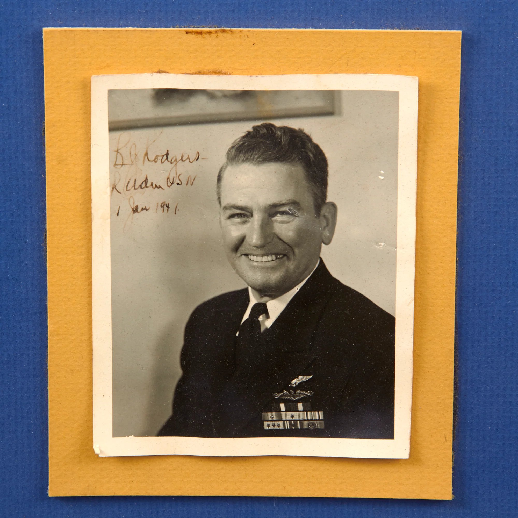 Original U.S. WWII Vice Admiral Bertram Rodgers Mounted Ribbon Bar & Pilot's Wings with Photographs for Framing - 16 x 27 ½' — image 2