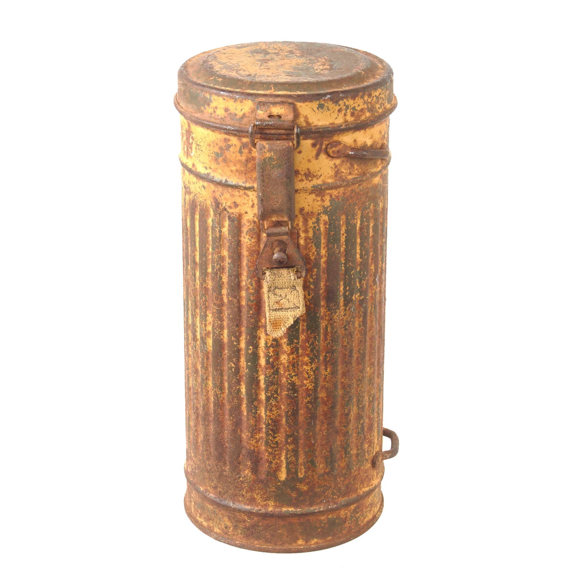 Original German WWII Named Wehrmacht 'Long Model' M38 Gas Mask Canister With Afrika Korps Period Applied Desert Camouflage Paint - Ogefr. Böntgen — image 2