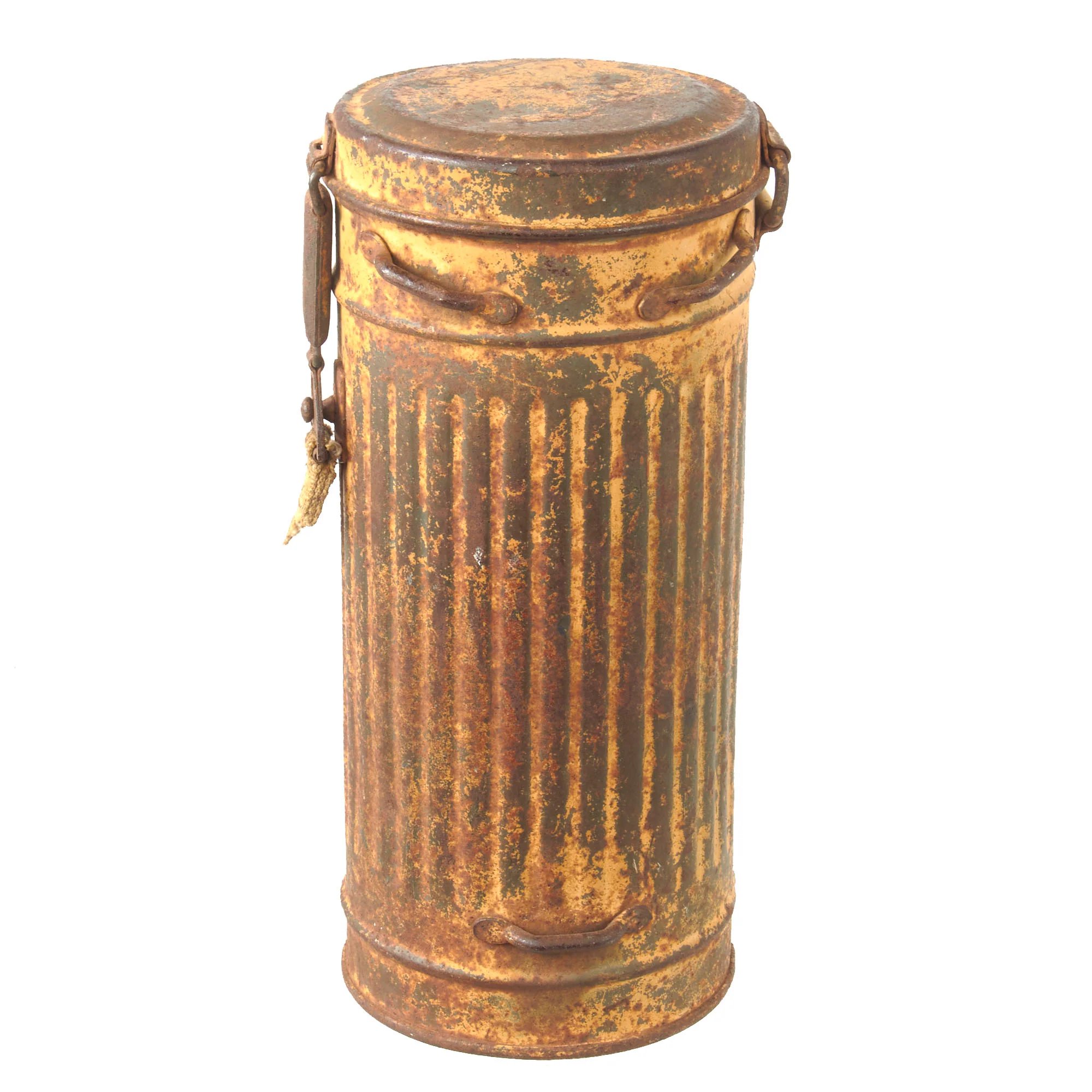 Original German WWII Named Wehrmacht 'Long Model' M38 Gas Mask Canister With Afrika Korps Period Applied Desert Camouflage Paint - Ogefr. Böntgen — image 3