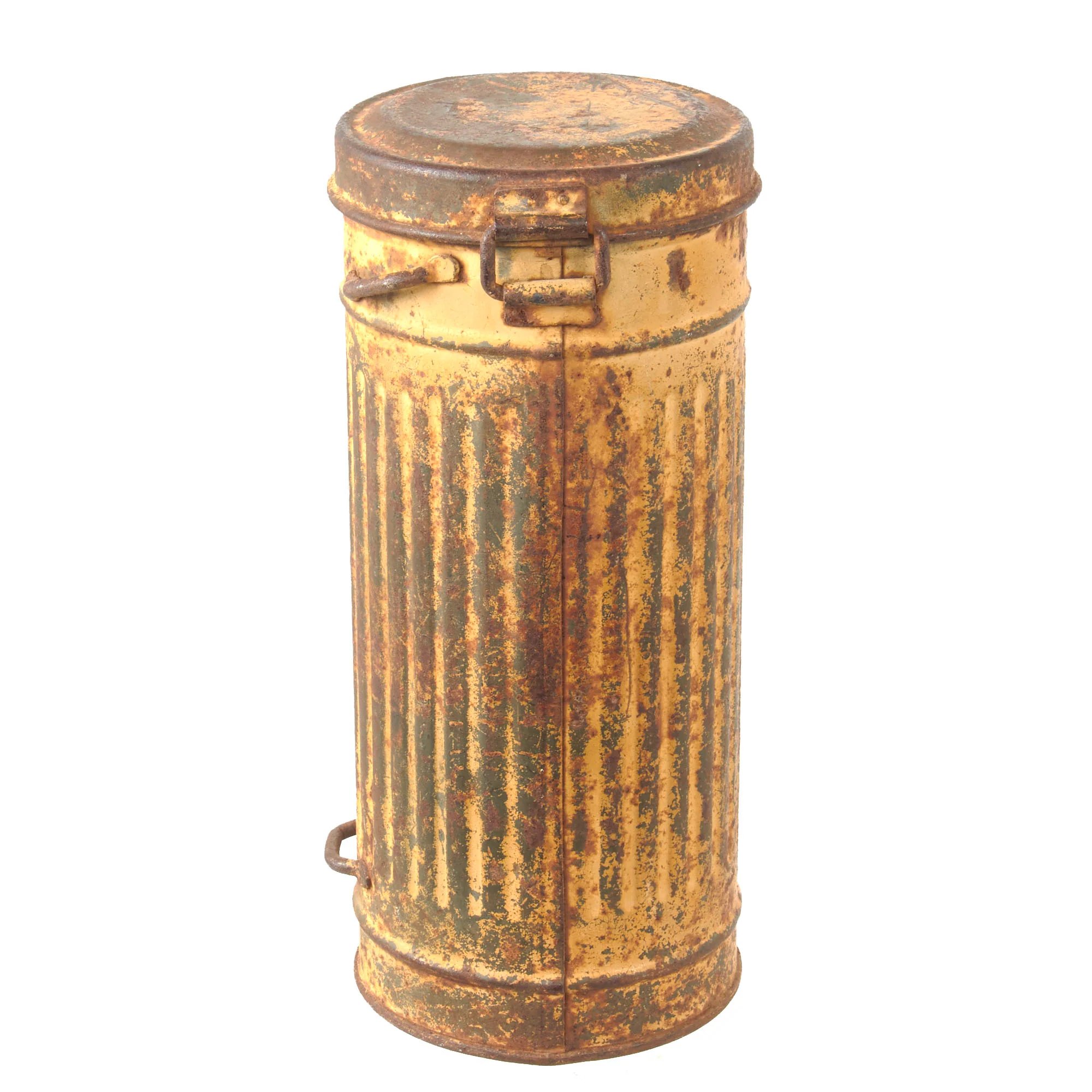 Original German WWII Named Wehrmacht 'Long Model' M38 Gas Mask Canister With Afrika Korps Period Applied Desert Camouflage Paint - Ogefr. Böntgen — image 4