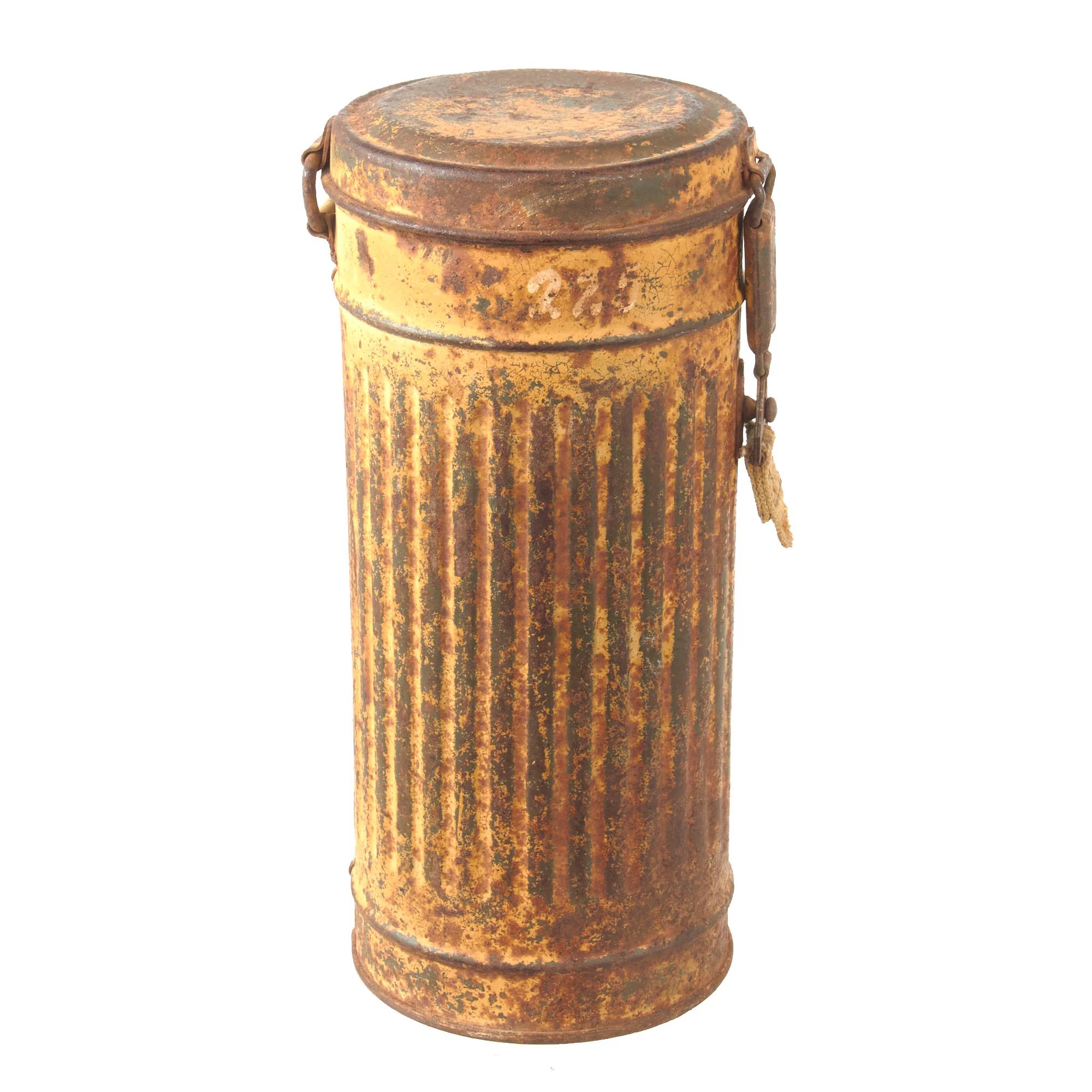 Original German WWII Named Wehrmacht 'Long Model' M38 Gas Mask Canister With Afrika Korps Period Applied Desert Camouflage Paint - Ogefr. Böntgen — image 5