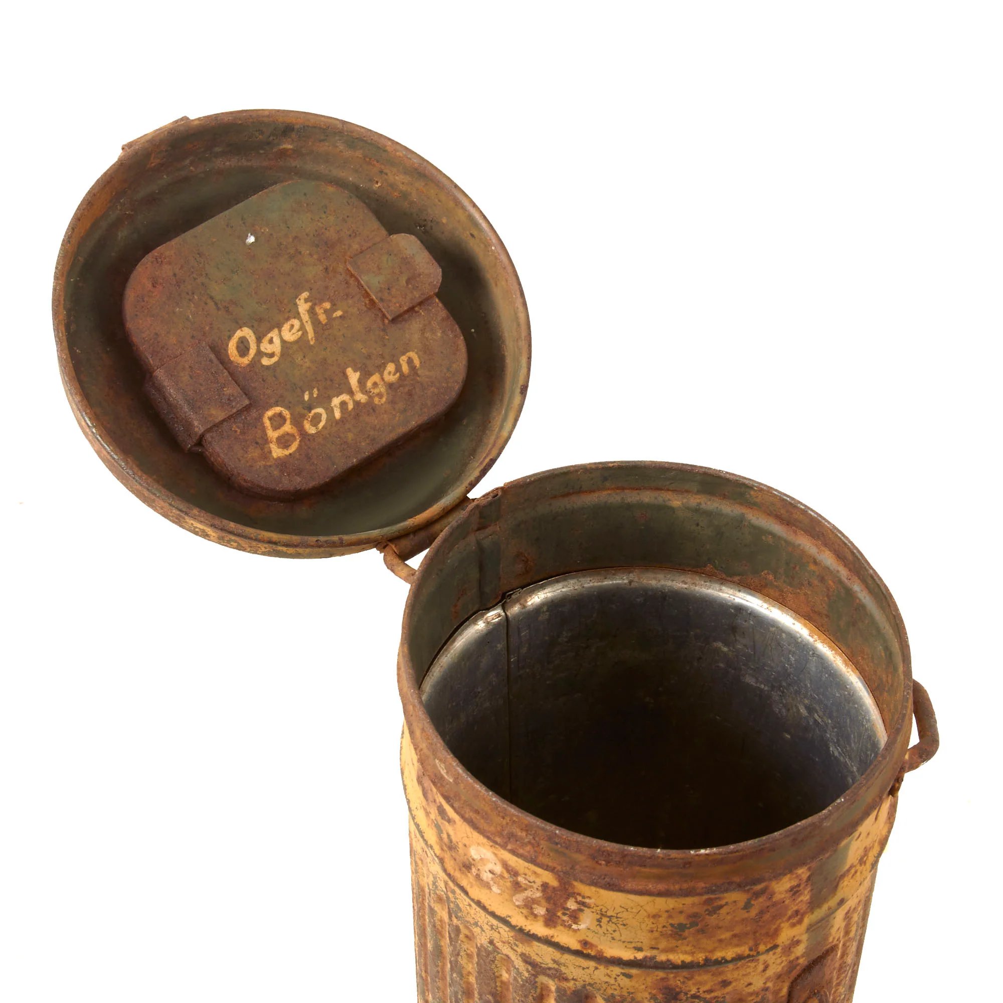 Original German WWII Named Wehrmacht 'Long Model' M38 Gas Mask Canister With Afrika Korps Period Applied Desert Camouflage Paint - Ogefr. Böntgen — image 6