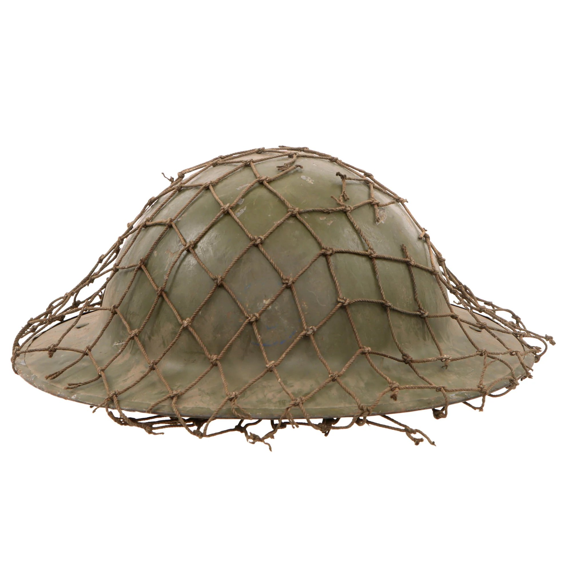 Original British WWI Mk 1 Brodie Helmet by Hadfield Ltd of Sheffield with WWII-Applied Helmet Net - Complete — image 11
