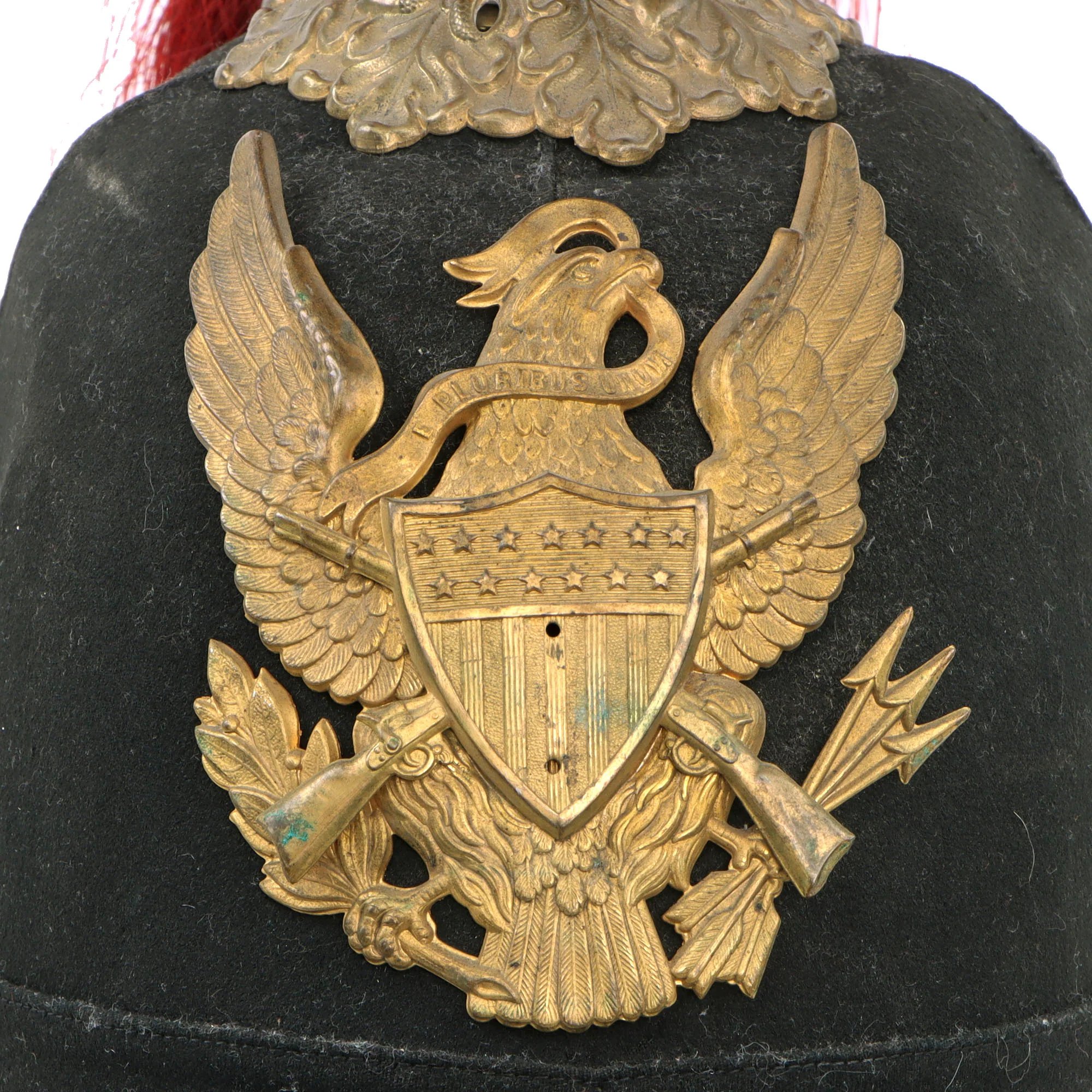 Original U.S. Indian Wars 1881 Model Infantry Regiment Dress Helmet by J.H. McKenney & Co. with Red Plume — image 4