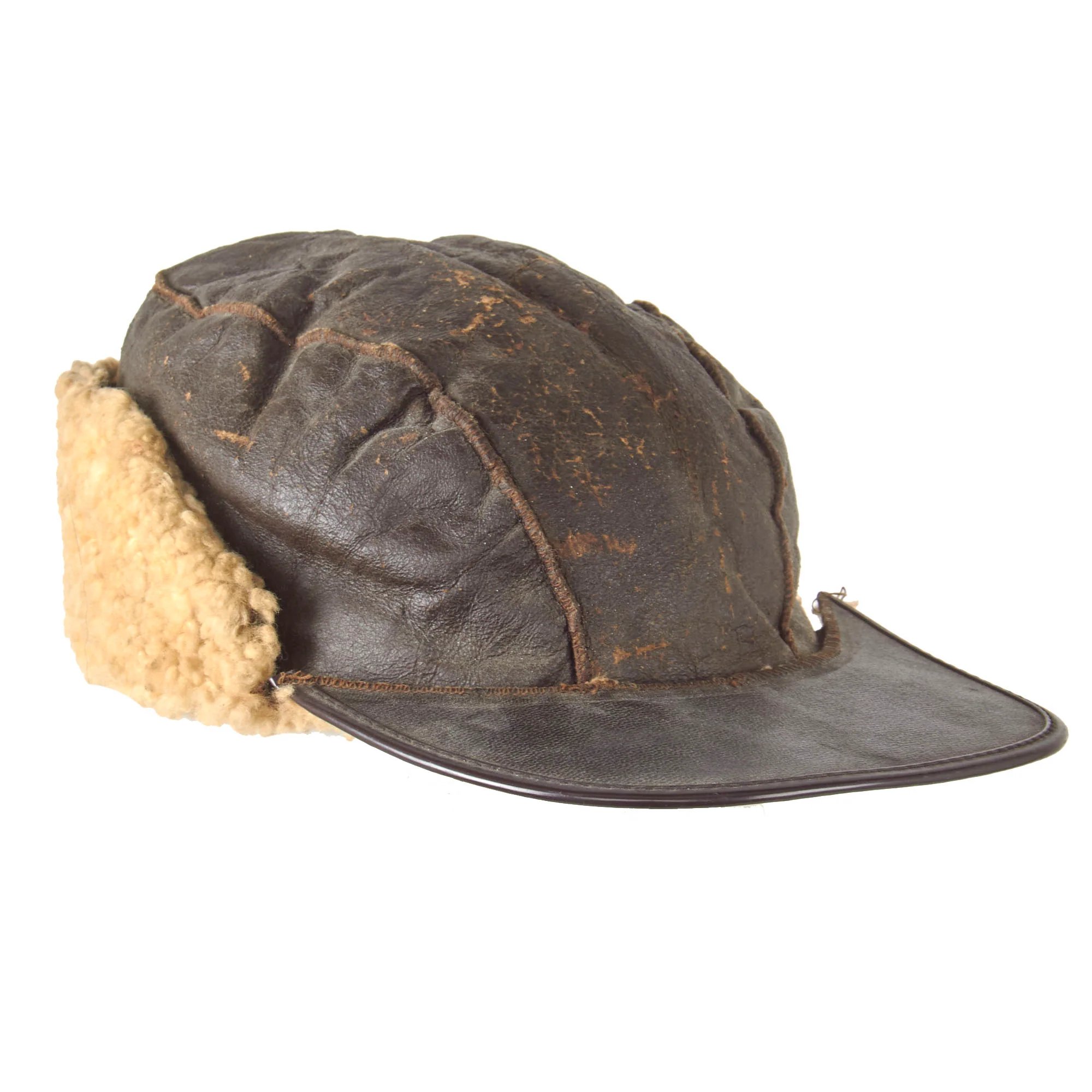 Original U.S. WWII Army Air Forces B-2 Gunner & Air Crew Shearling Leather Billed Cap - Rough — image 2
