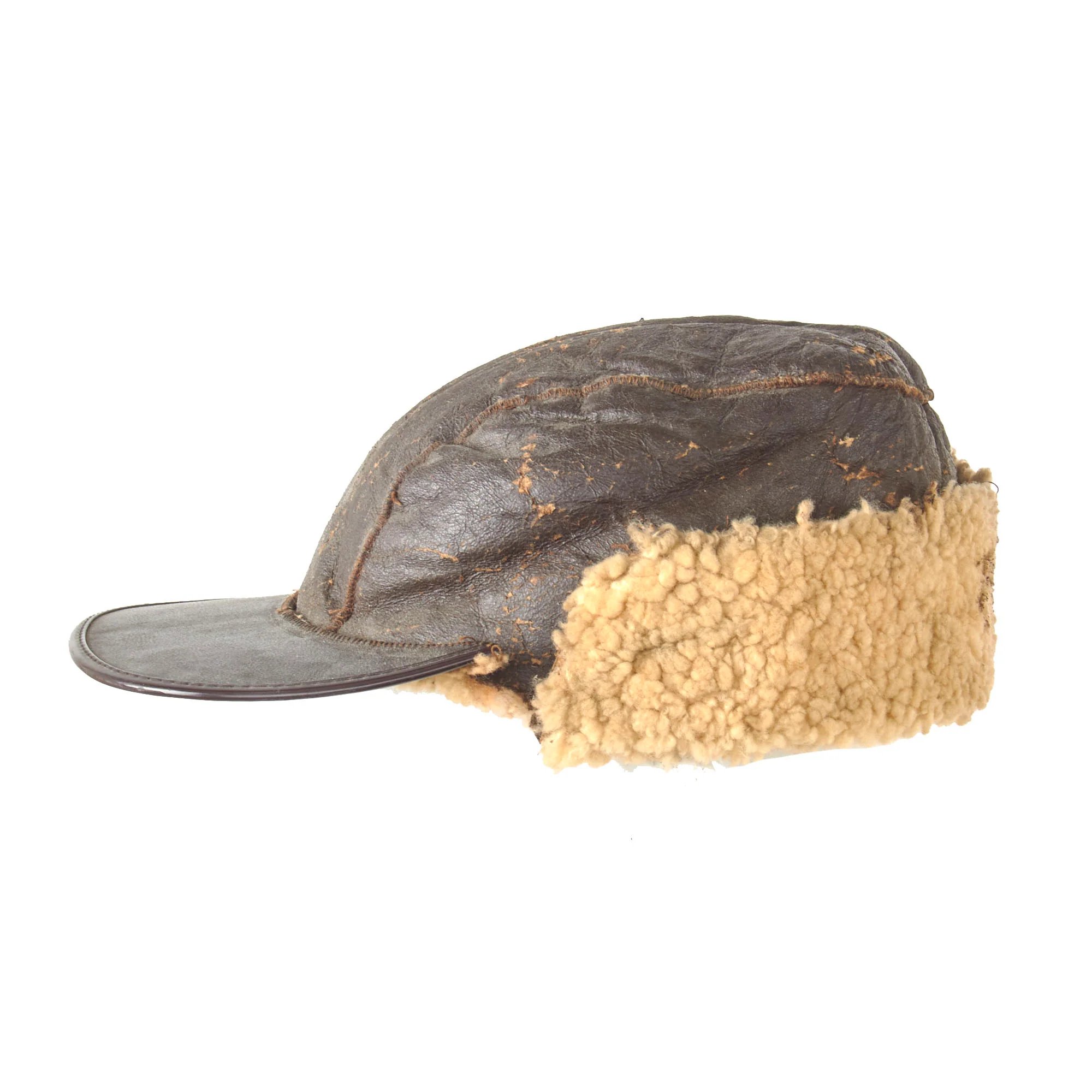 Original U.S. WWII Army Air Forces B-2 Gunner & Air Crew Shearling Leather Billed Cap - Rough — image 3