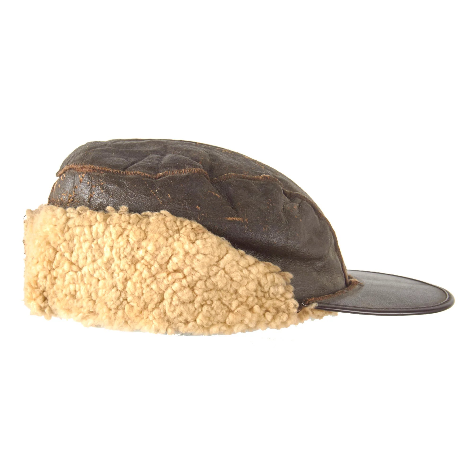 Original U.S. WWII Army Air Forces B-2 Gunner & Air Crew Shearling Leather Billed Cap - Rough — image 4
