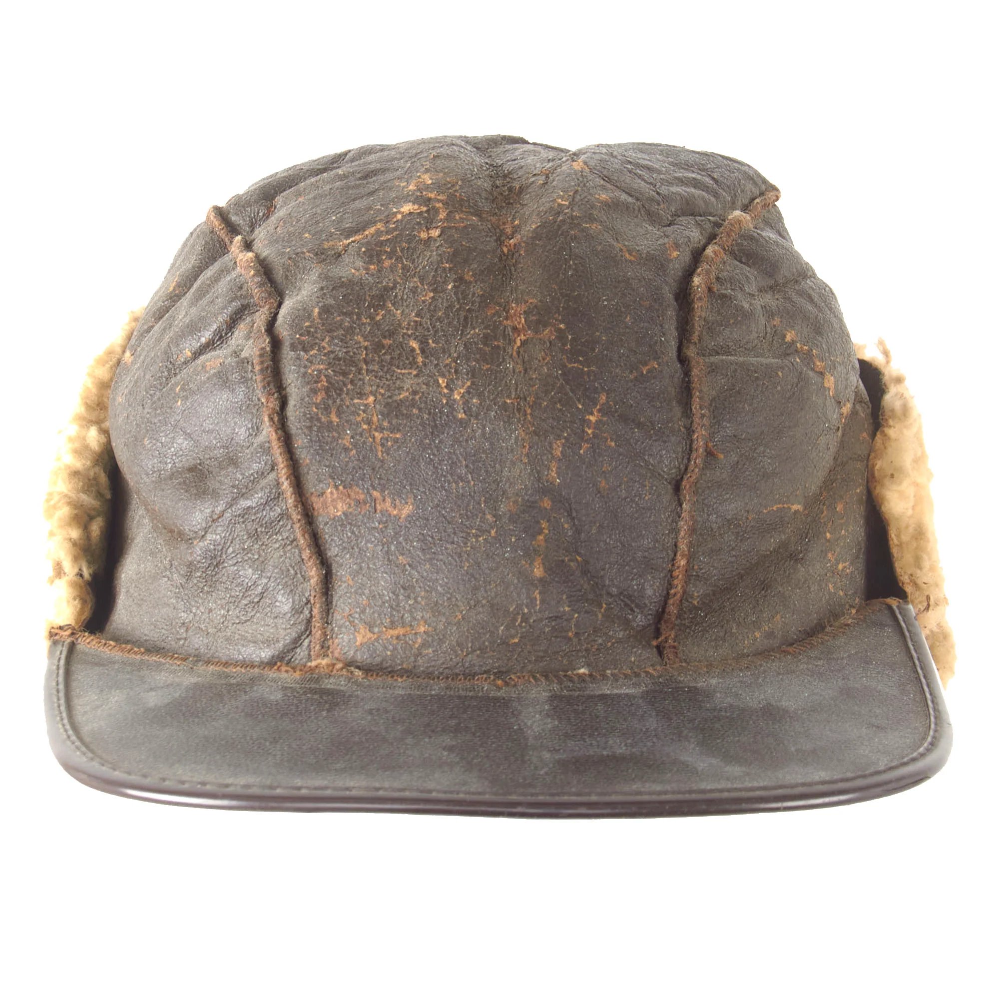 Original U.S. WWII Army Air Forces B-2 Gunner & Air Crew Shearling Leather Billed Cap - Rough — image 6