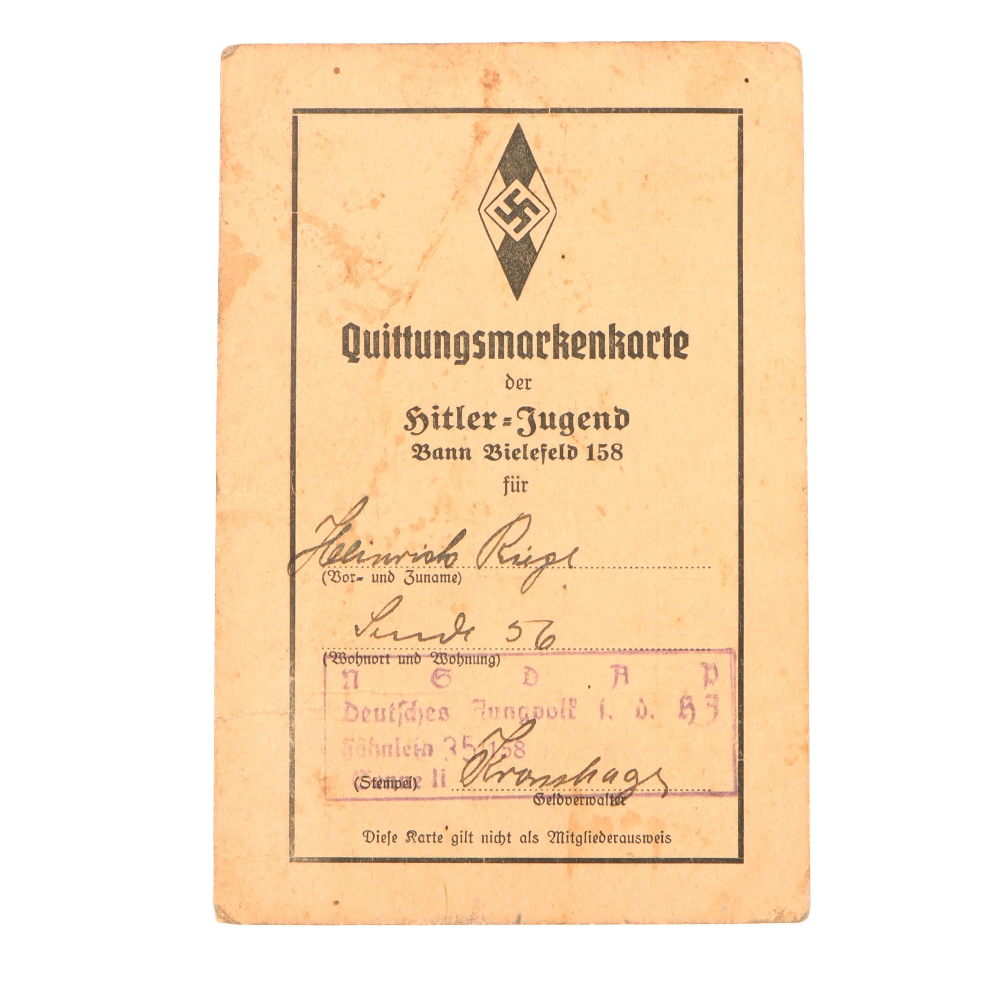 Original German WWII HJ Enamel Cap Badge Insignia by Frank & Reif of Stuttgart with HJ Stamp Card - RZM M1/102 — image 6