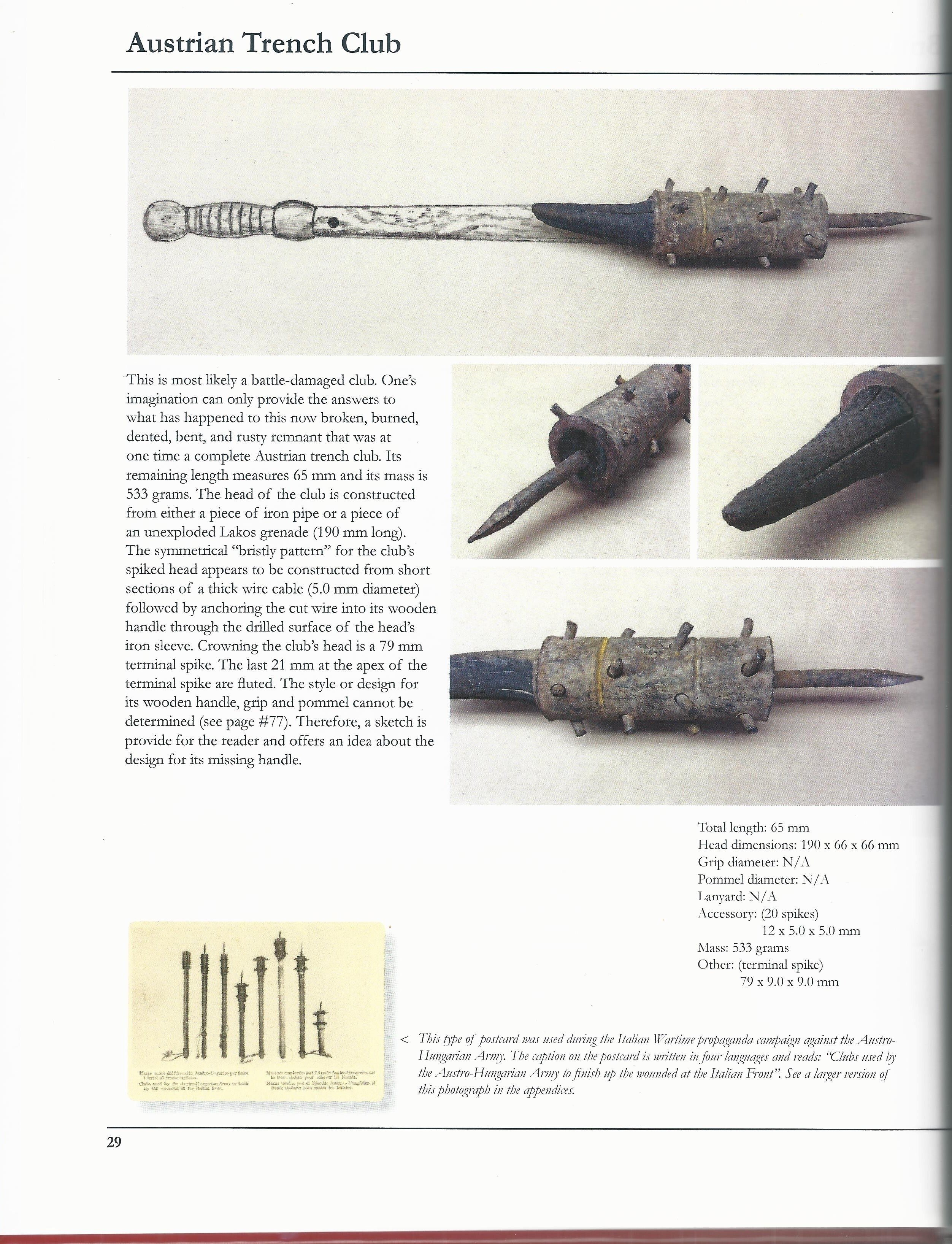 Original Austro-Hungarian WWI Battle Damaged Trench Raiding Club - Featured in 'At Arms Length: Trench Clubs and Maces Volume II' by David F. Machnicki - Book Shows Sketch of Missing Handle — image 9
