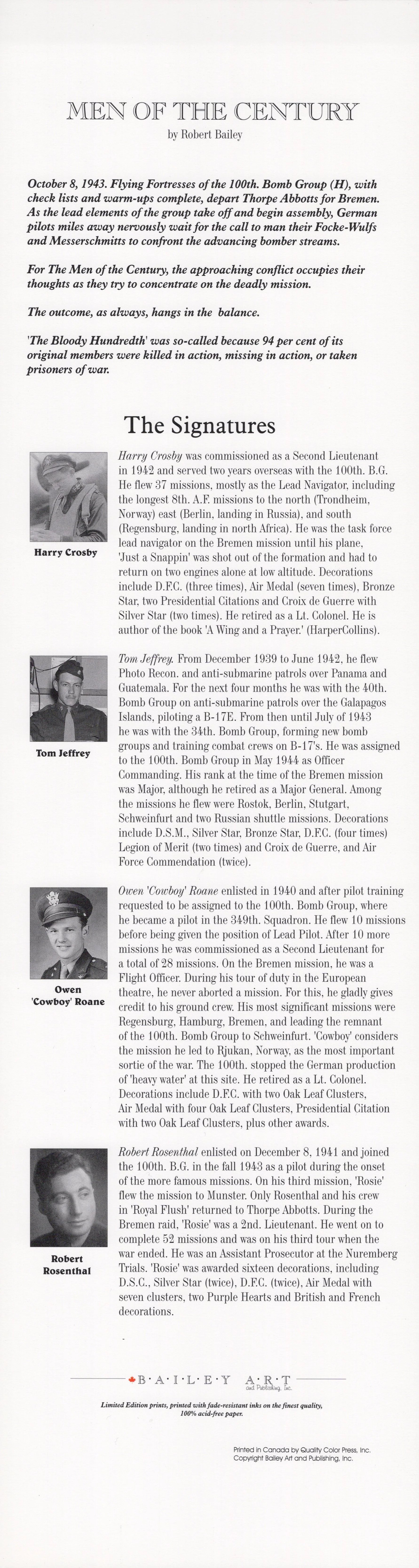 Original Signed Limited Edition Print: 'Men of the Century' by Robert Bailey Signed by 4 Famed 100th Bomb Group Airmen with Added 'Masters of the Air' Photos and Three Additional Signatures - 314/350 - 29 ¼ x 40' — image 17